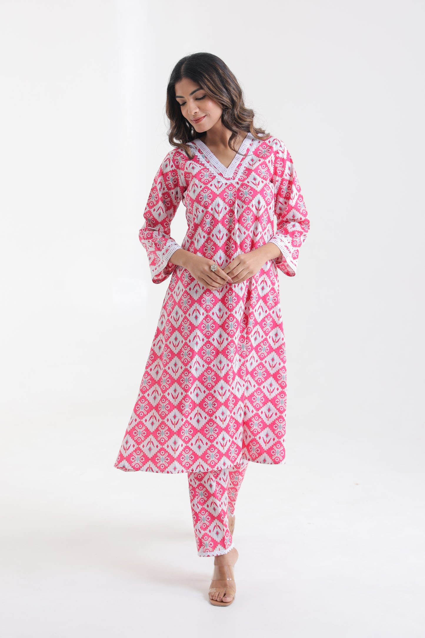 COTTON IKKAT V-NECK LACE DETAILED KURTA SET IN CANDY PINK