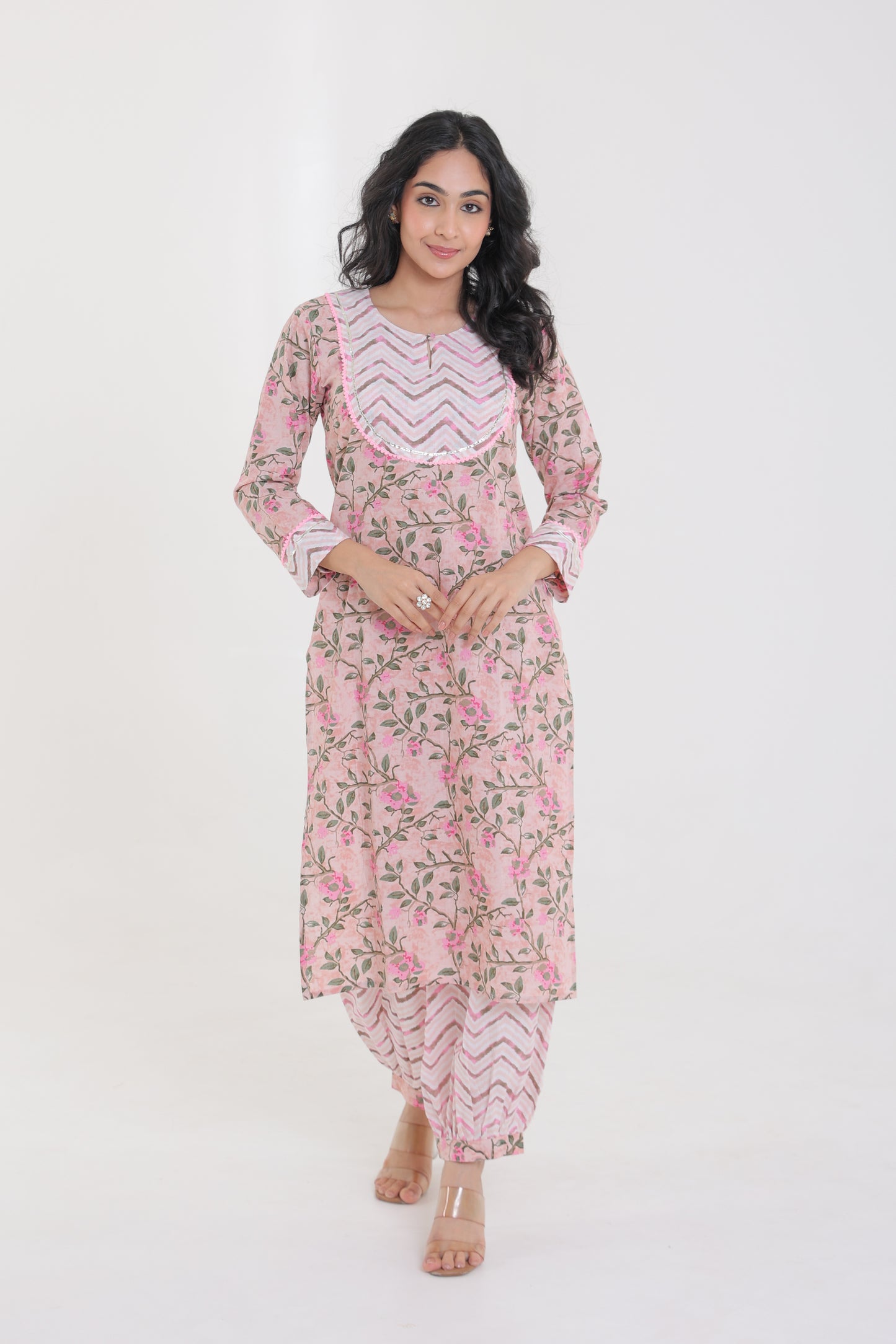 COTTON PINK ROSE MOTIFS WITH YOKE LACE GOTA BUTTON KURTA SET WITH AFGHANI SALWAR IN PASTEL LIGHT PINK
