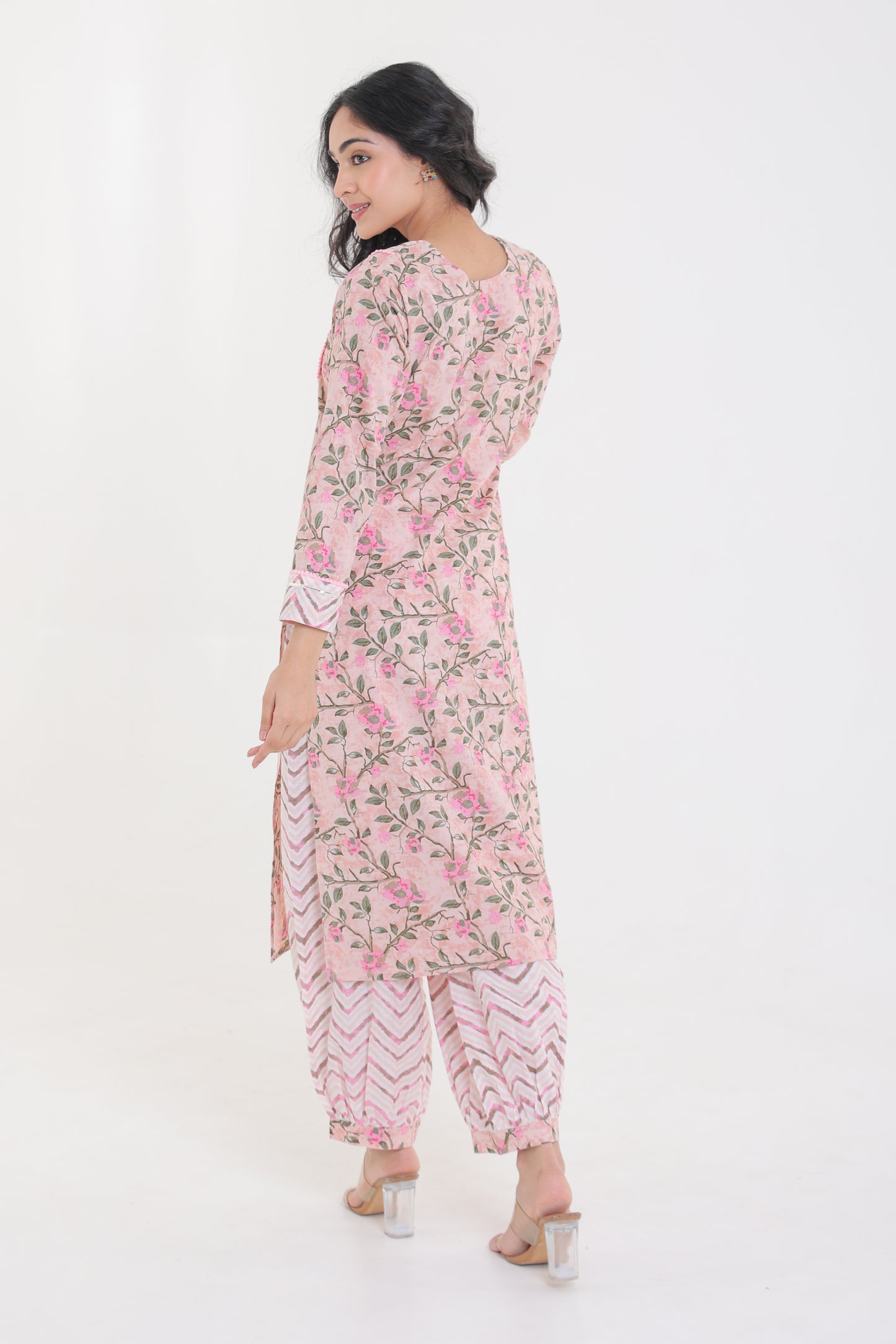 COTTON PINK ROSE MOTIFS WITH YOKE LACE GOTA BUTTON KURTA SET WITH AFGHANI SALWAR IN PASTEL LIGHT PINK