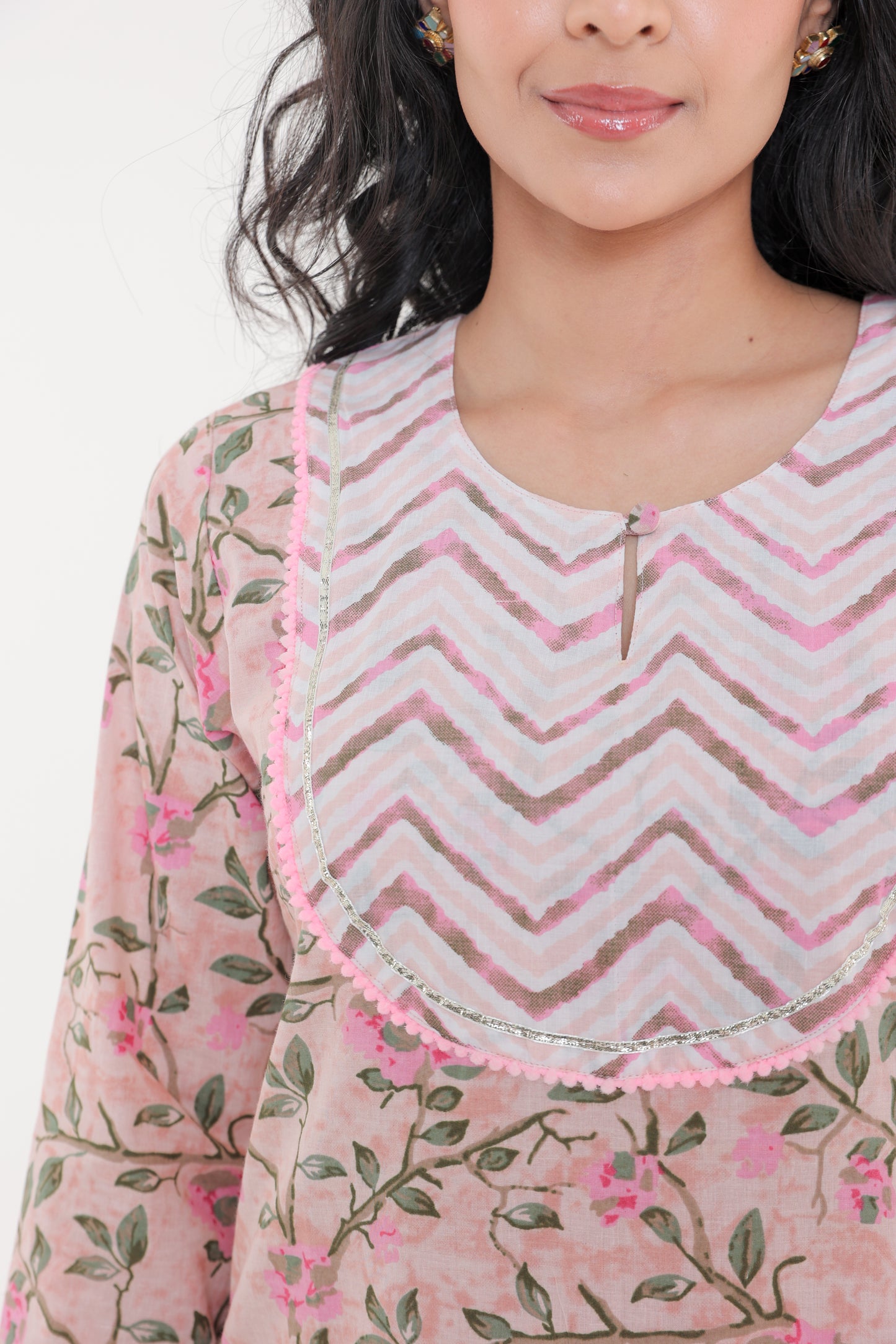 COTTON PINK ROSE MOTIFS WITH YOKE LACE GOTA BUTTON KURTA SET WITH AFGHANI SALWAR IN PASTEL LIGHT PINK