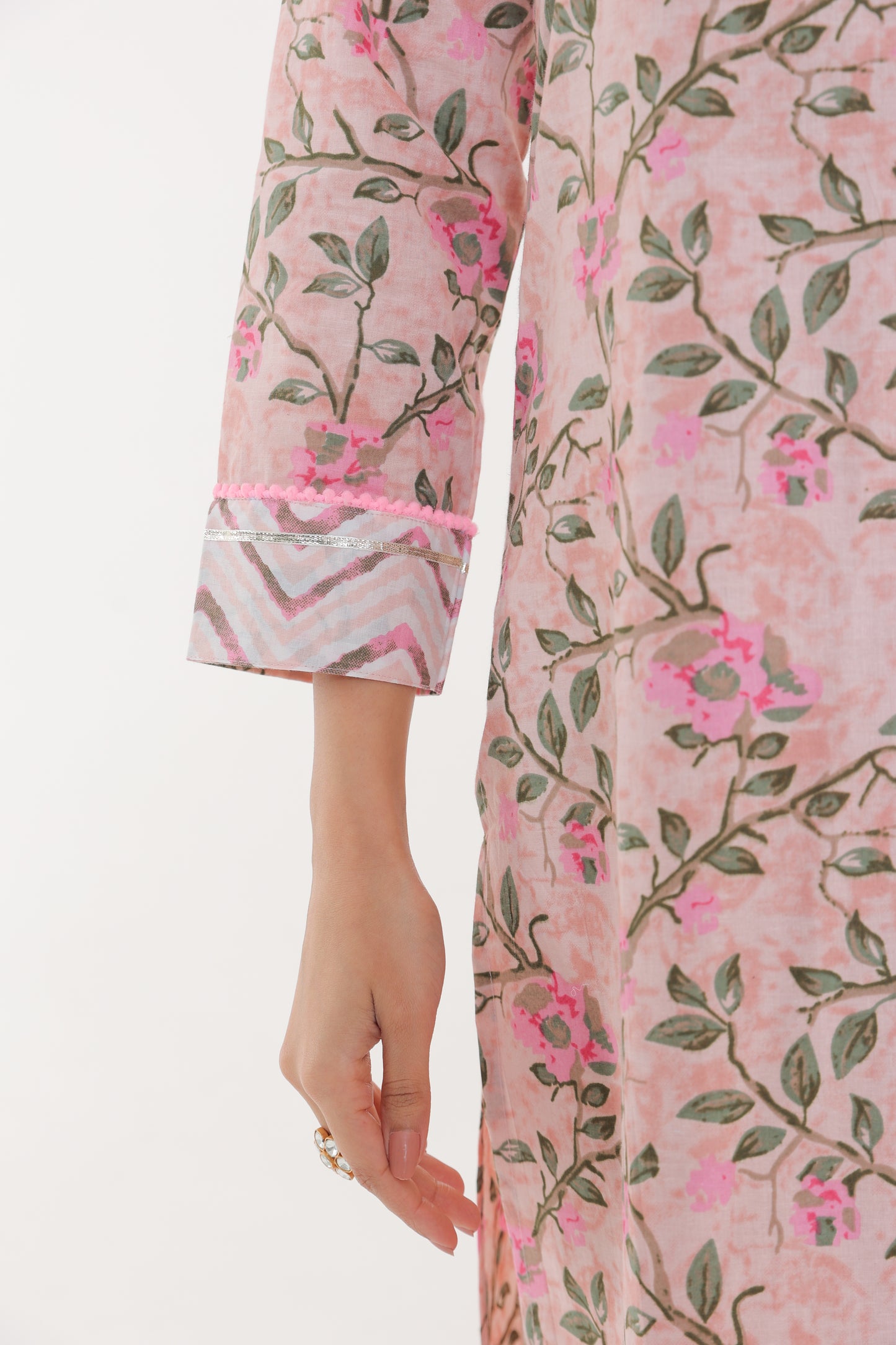 COTTON PINK ROSE MOTIFS WITH YOKE LACE GOTA BUTTON KURTA SET WITH AFGHANI SALWAR IN PASTEL LIGHT PINK