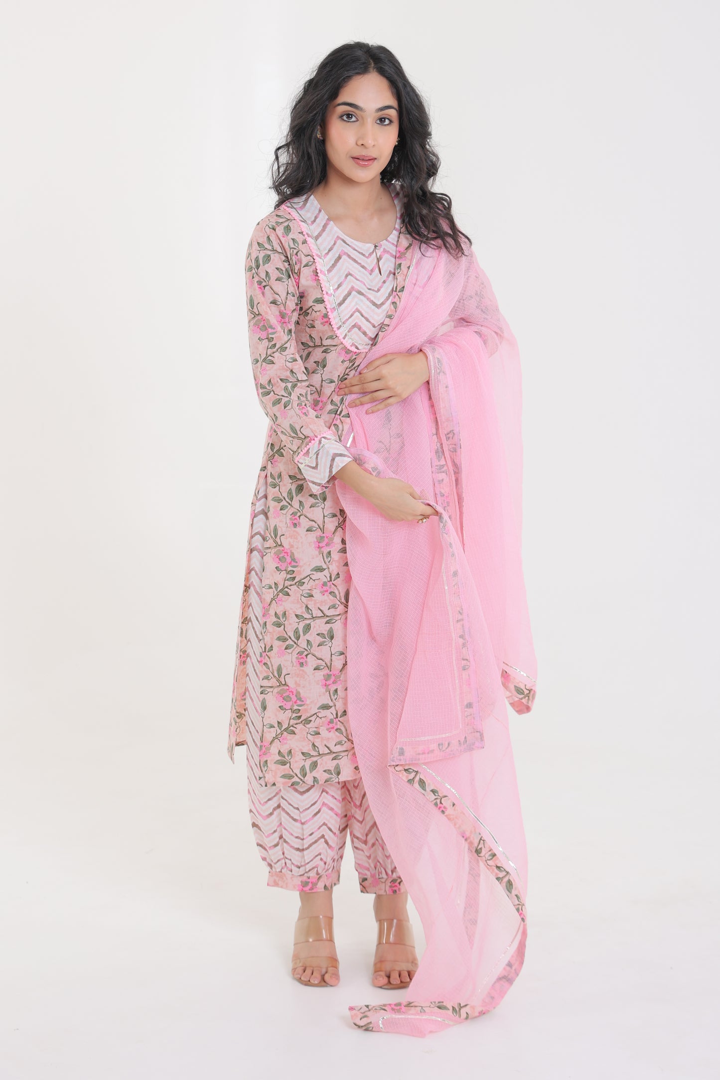COTTON PINK ROSE MOTIFS WITH YOKE LACE GOTA BUTTON KURTA SET WITH AFGHANI SALWAR IN PASTEL LIGHT PINK