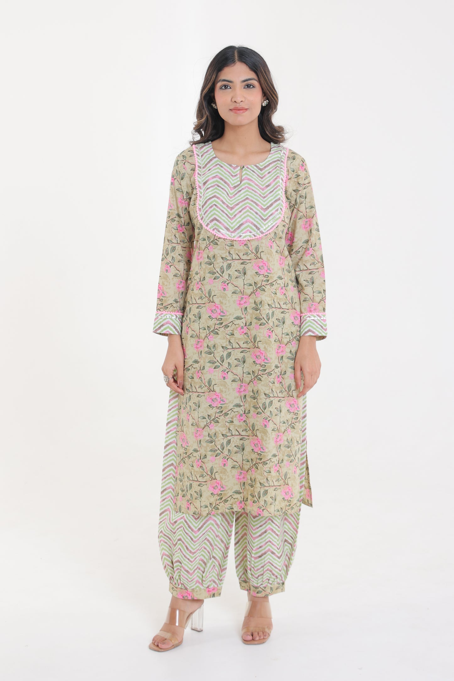 COTTON PINK ROSE MOTIFS WITH YOKE LACE GOTA BUTTON KURTA SET WITH AFGHANI SALWAR IN TEA GREEN
