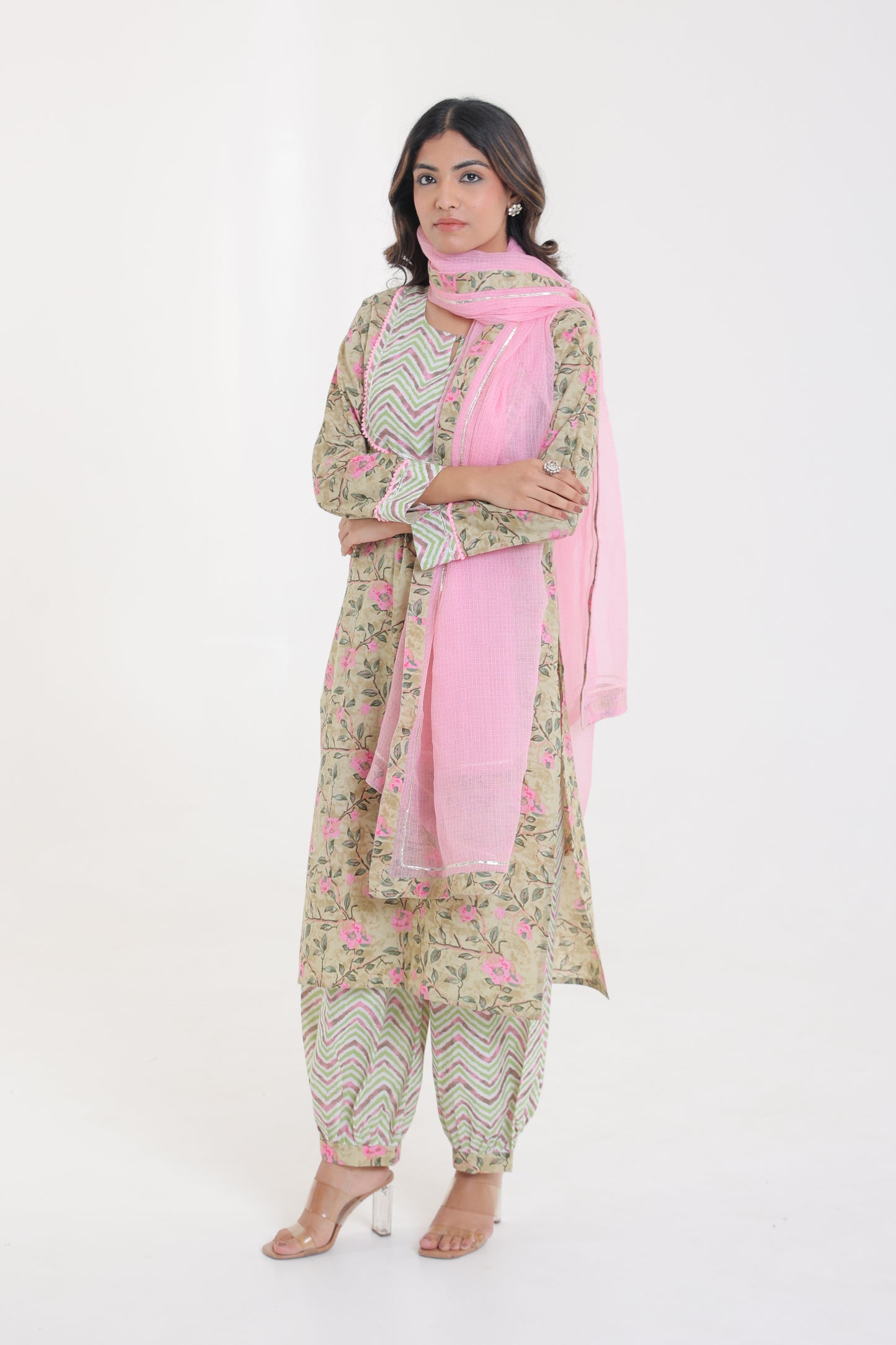COTTON PINK ROSE MOTIFS WITH YOKE LACE GOTA BUTTON KURTA SET WITH AFGHANI SALWAR IN TEA GREEN