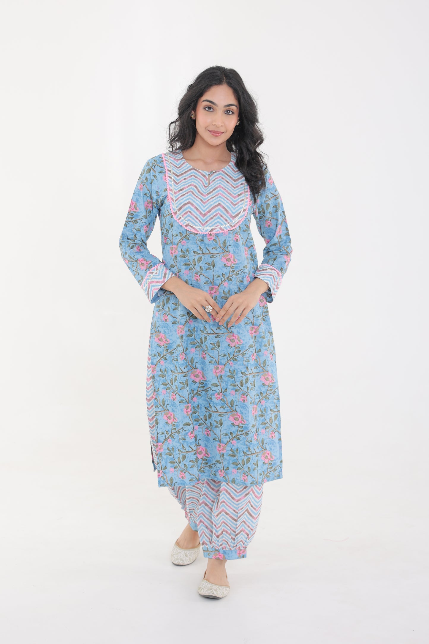 COTTON PINK ROSE MOTIFS WITH YOKE LACE GOTA BUTTON KURTA SET WITH AFGHANI SALWAR IN POWDER BLUE