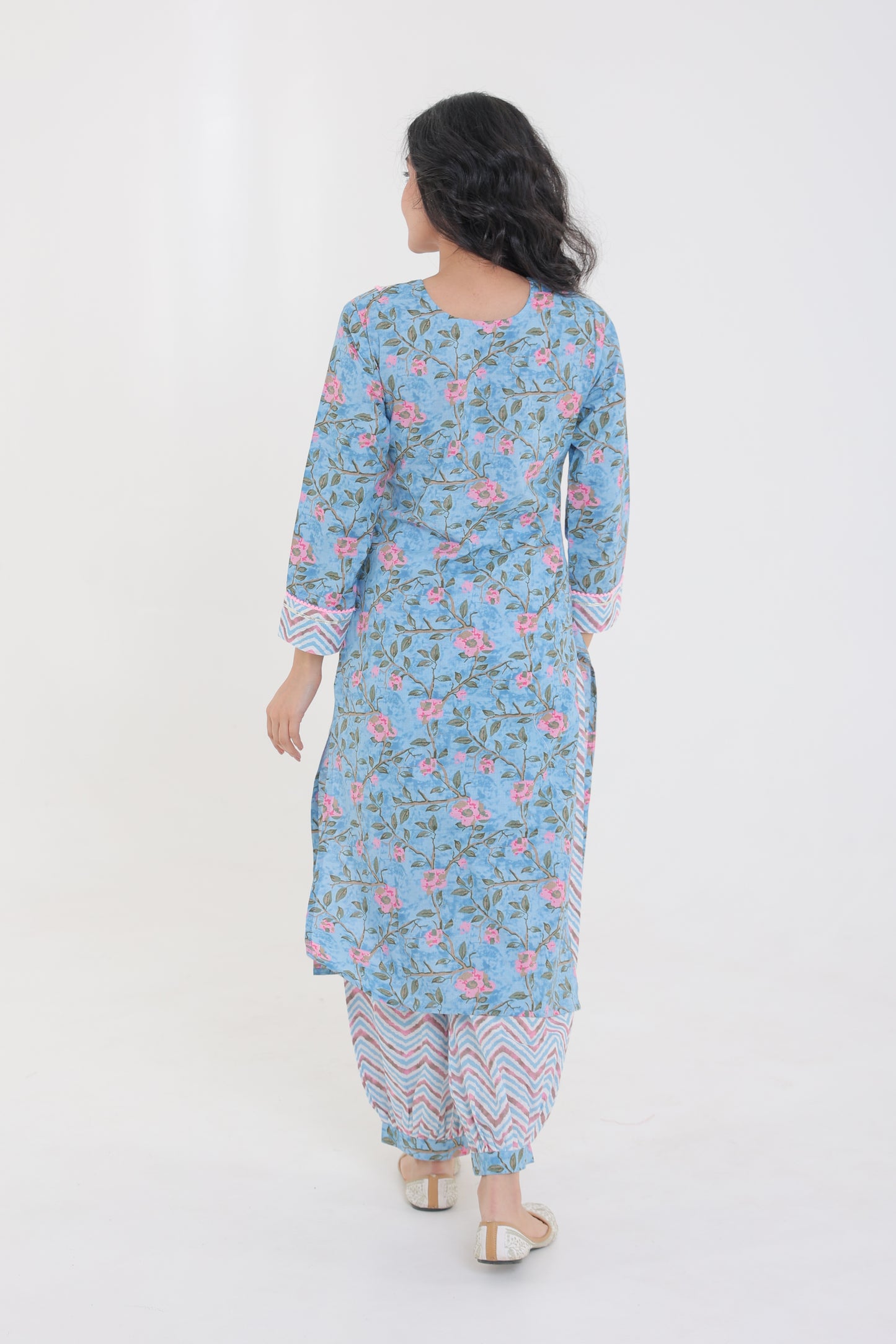 COTTON PINK ROSE MOTIFS WITH YOKE LACE GOTA BUTTON KURTA SET WITH AFGHANI SALWAR IN POWDER BLUE