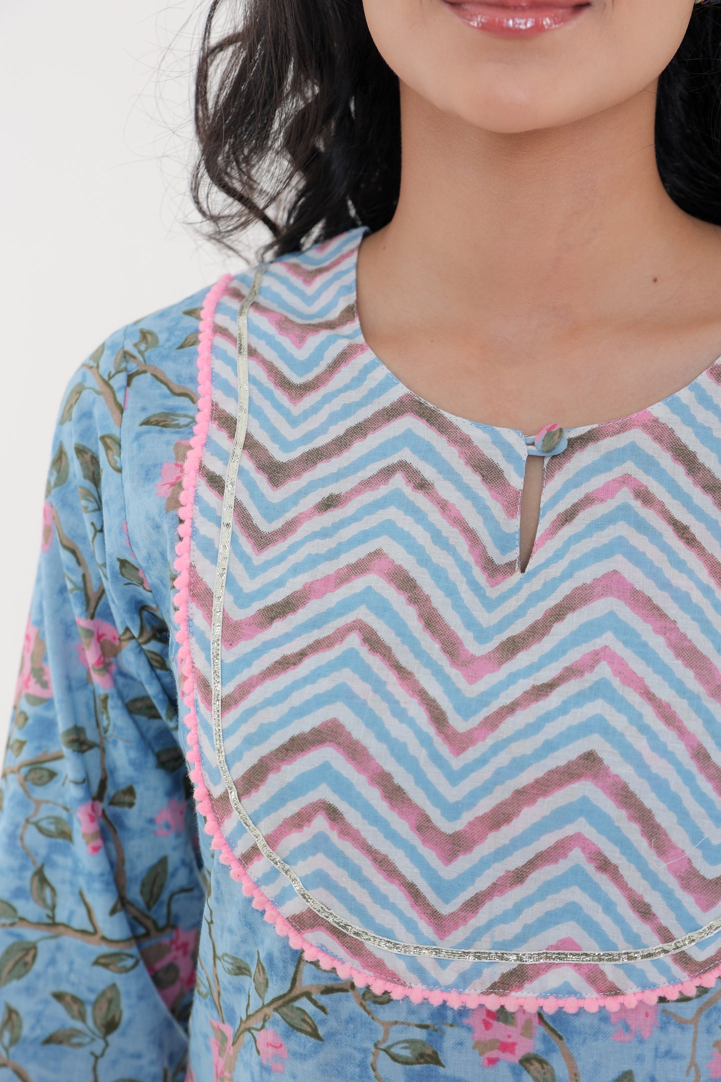 COTTON PINK ROSE MOTIFS WITH YOKE LACE GOTA BUTTON KURTA SET WITH AFGHANI SALWAR IN POWDER BLUE