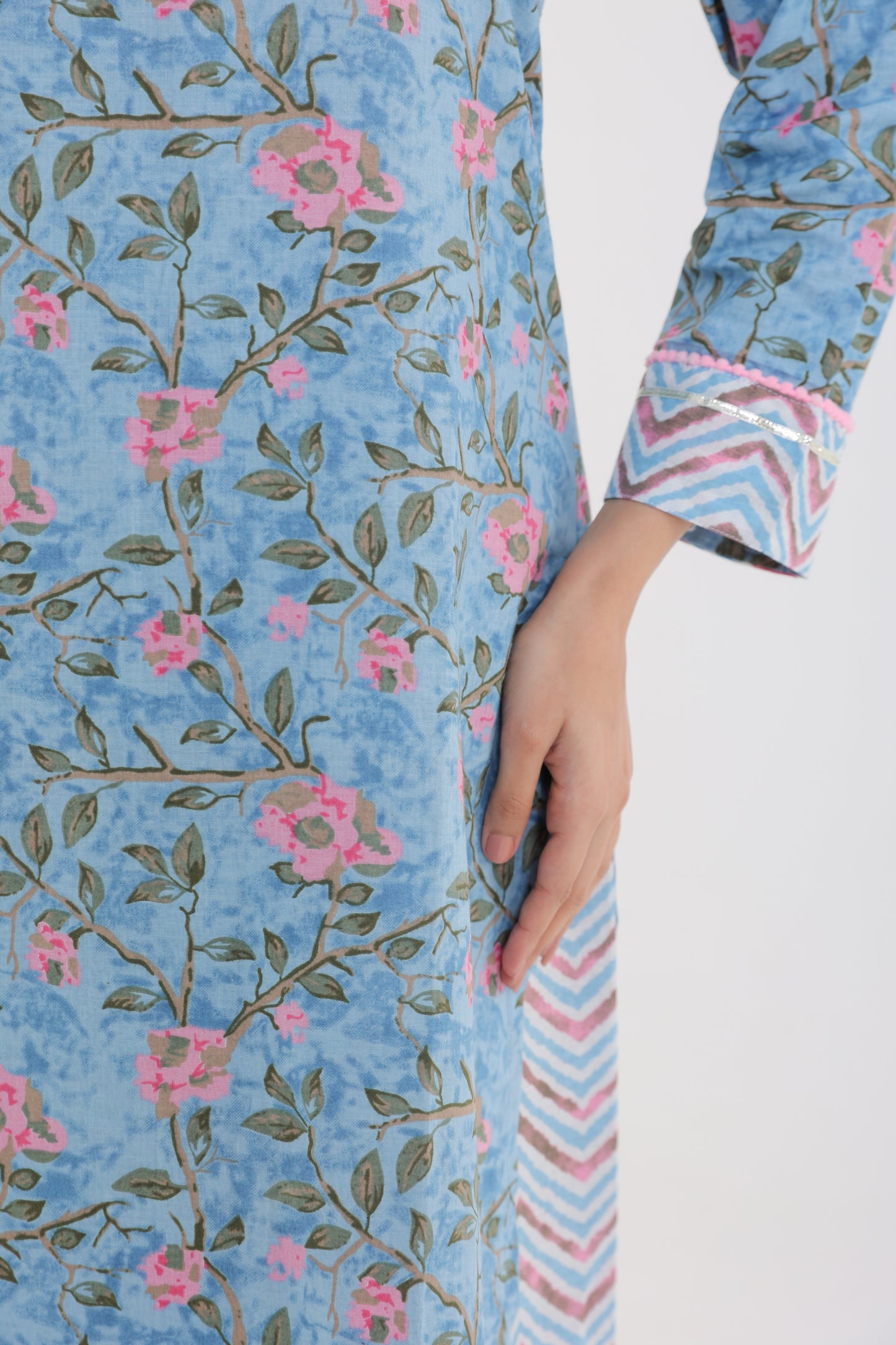 COTTON PINK ROSE MOTIFS WITH YOKE LACE GOTA BUTTON KURTA SET WITH AFGHANI SALWAR IN POWDER BLUE