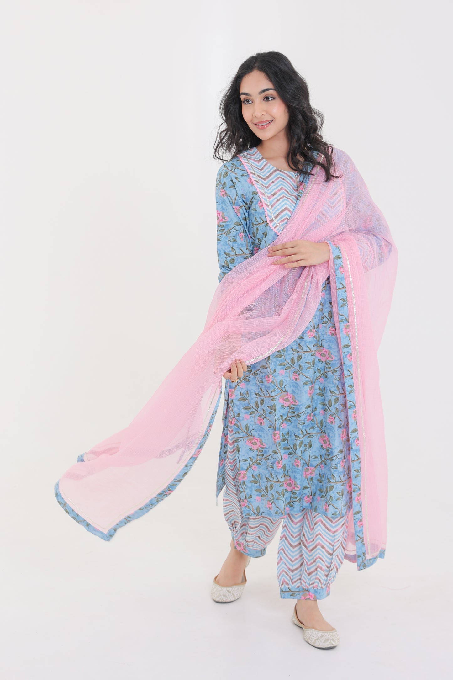 COTTON PINK ROSE MOTIFS WITH YOKE LACE GOTA BUTTON KURTA SET WITH AFGHANI SALWAR IN POWDER BLUE