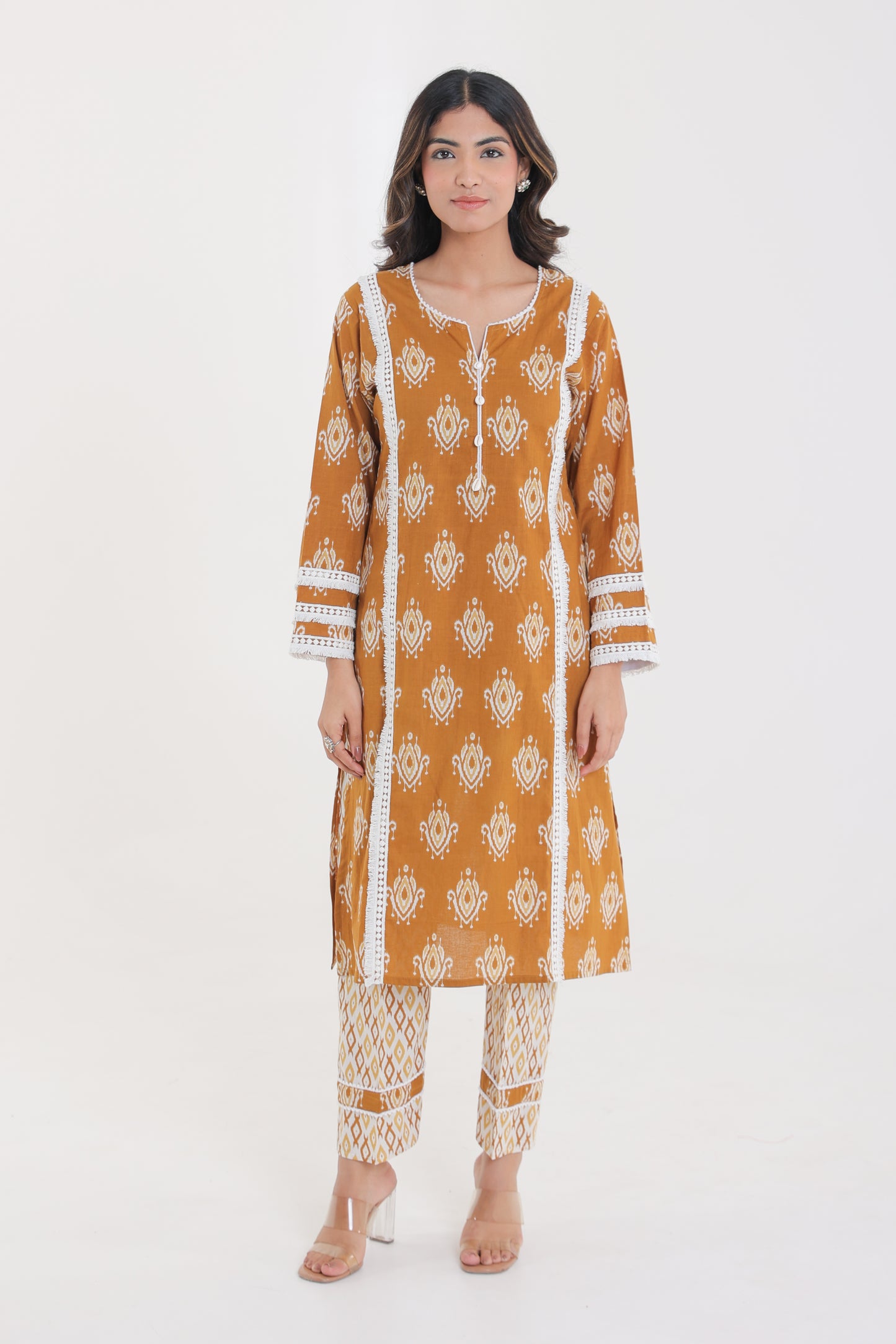 COTTON IKKAT PRINT WITH LACE SHELL BUTTON KURTA SET IN CAMEL BROWN
