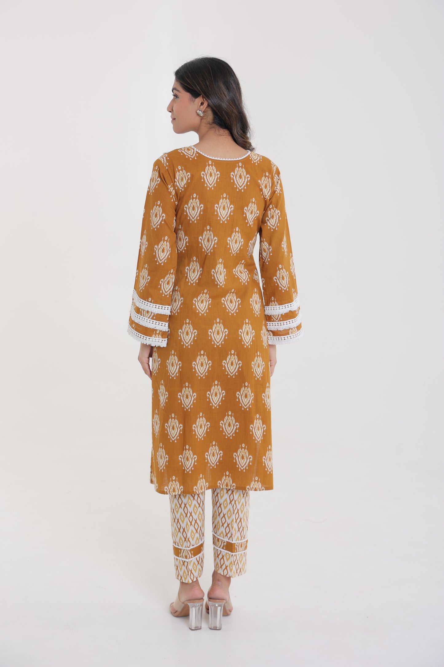 COTTON IKKAT PRINT WITH LACE SHELL BUTTON KURTA SET IN CAMEL BROWN