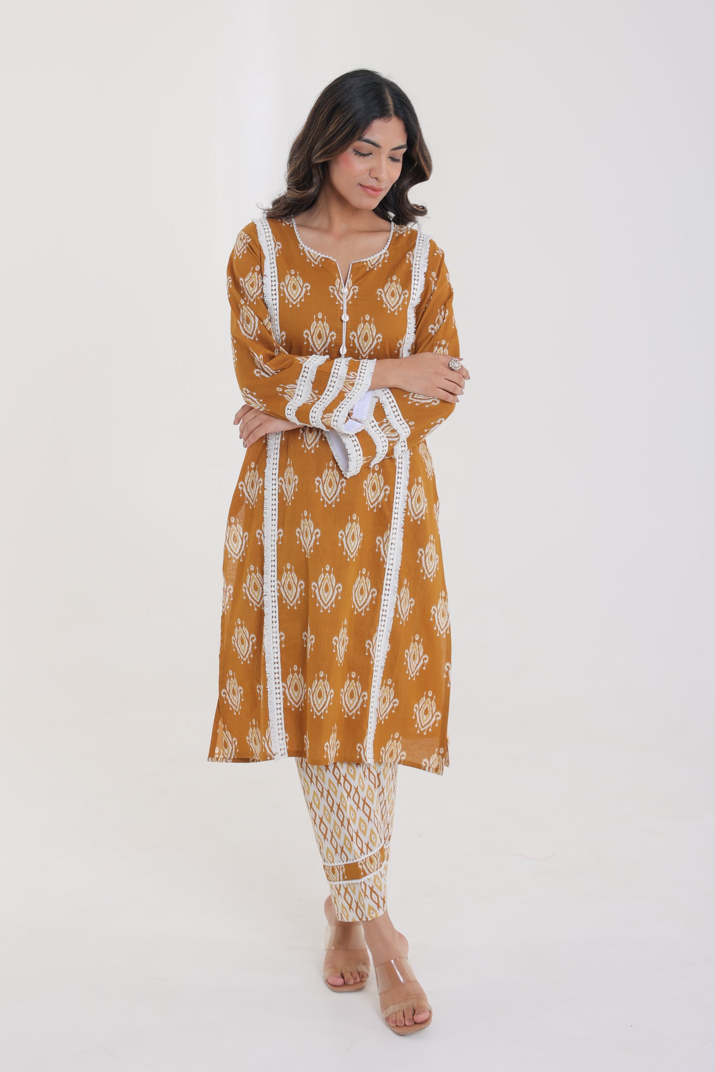 COTTON IKKAT PRINT WITH LACE SHELL BUTTON KURTA SET IN CAMEL BROWN