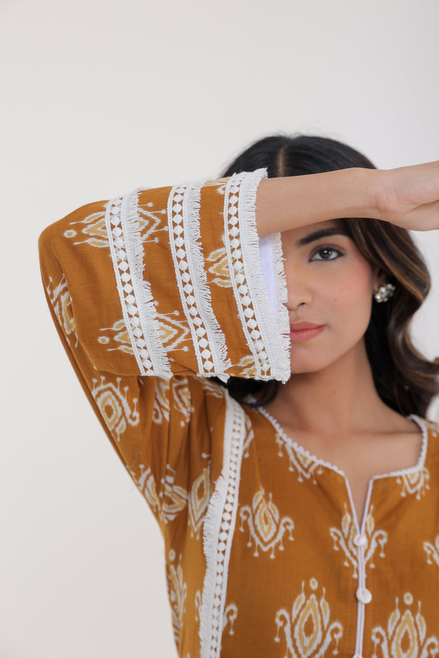 COTTON IKKAT PRINT WITH LACE SHELL BUTTON KURTA SET IN CAMEL BROWN