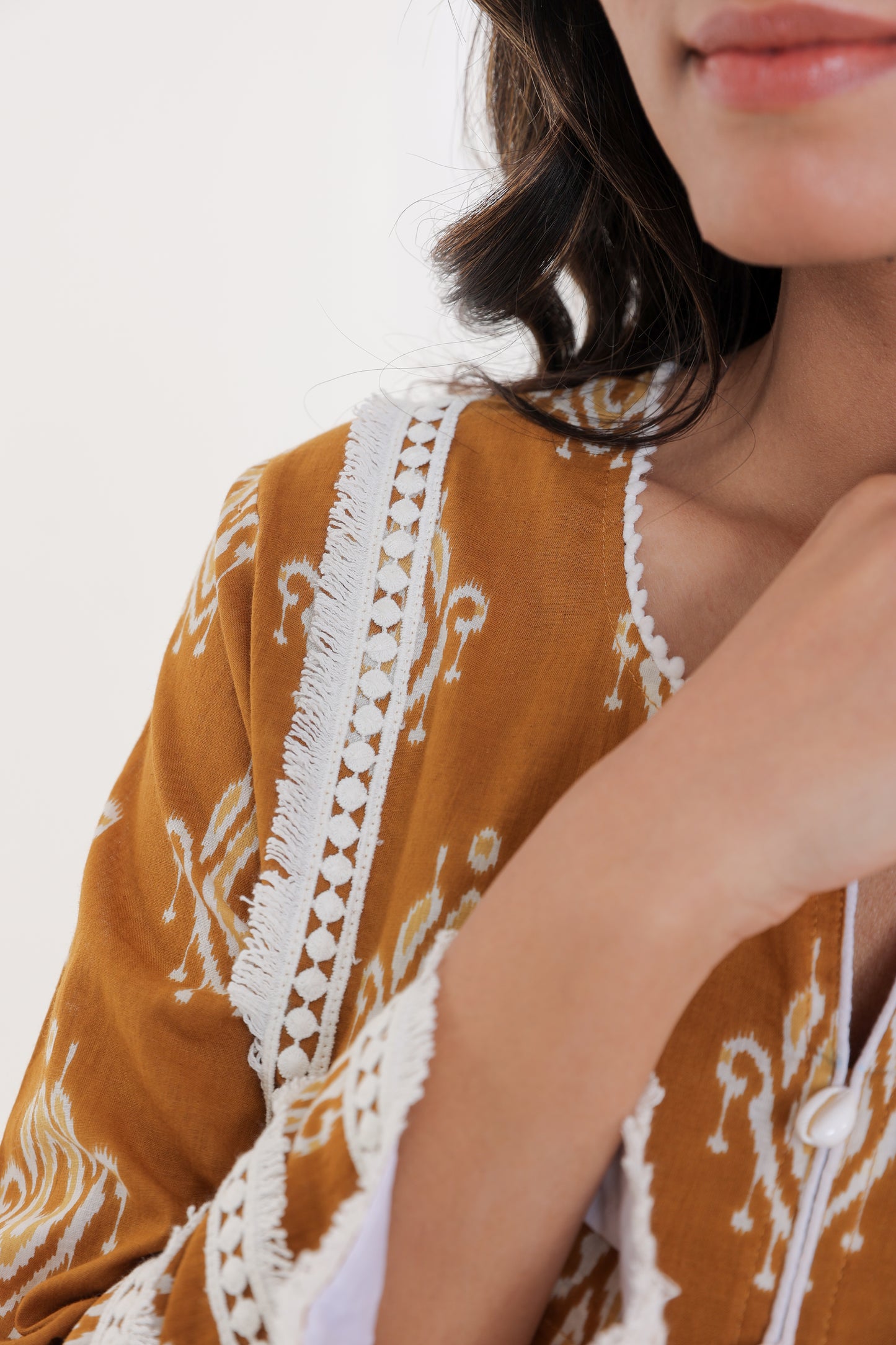 COTTON IKKAT PRINT WITH LACE SHELL BUTTON KURTA SET IN CAMEL BROWN