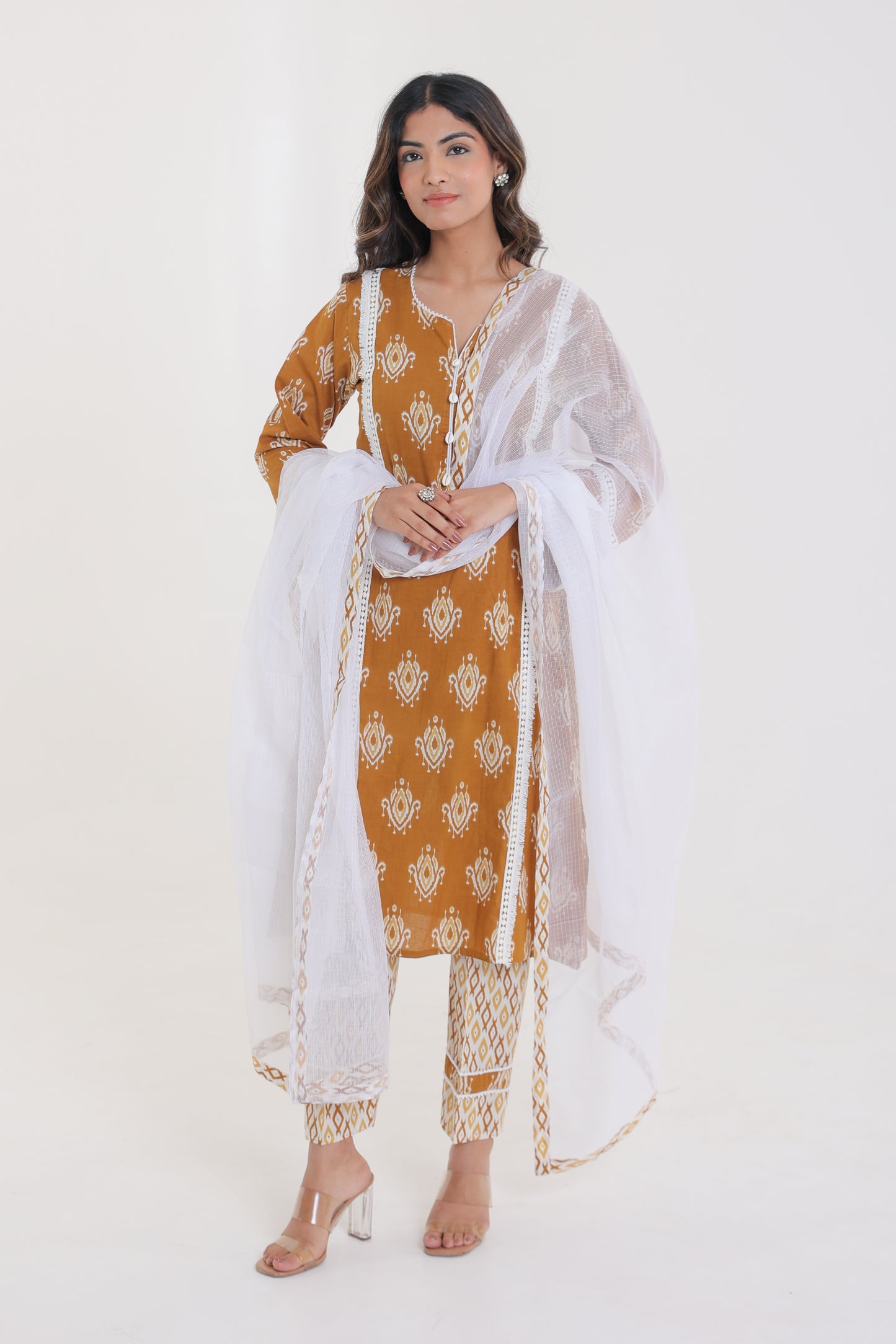 COTTON IKKAT PRINT WITH LACE SHELL BUTTON KURTA SET IN CAMEL BROWN