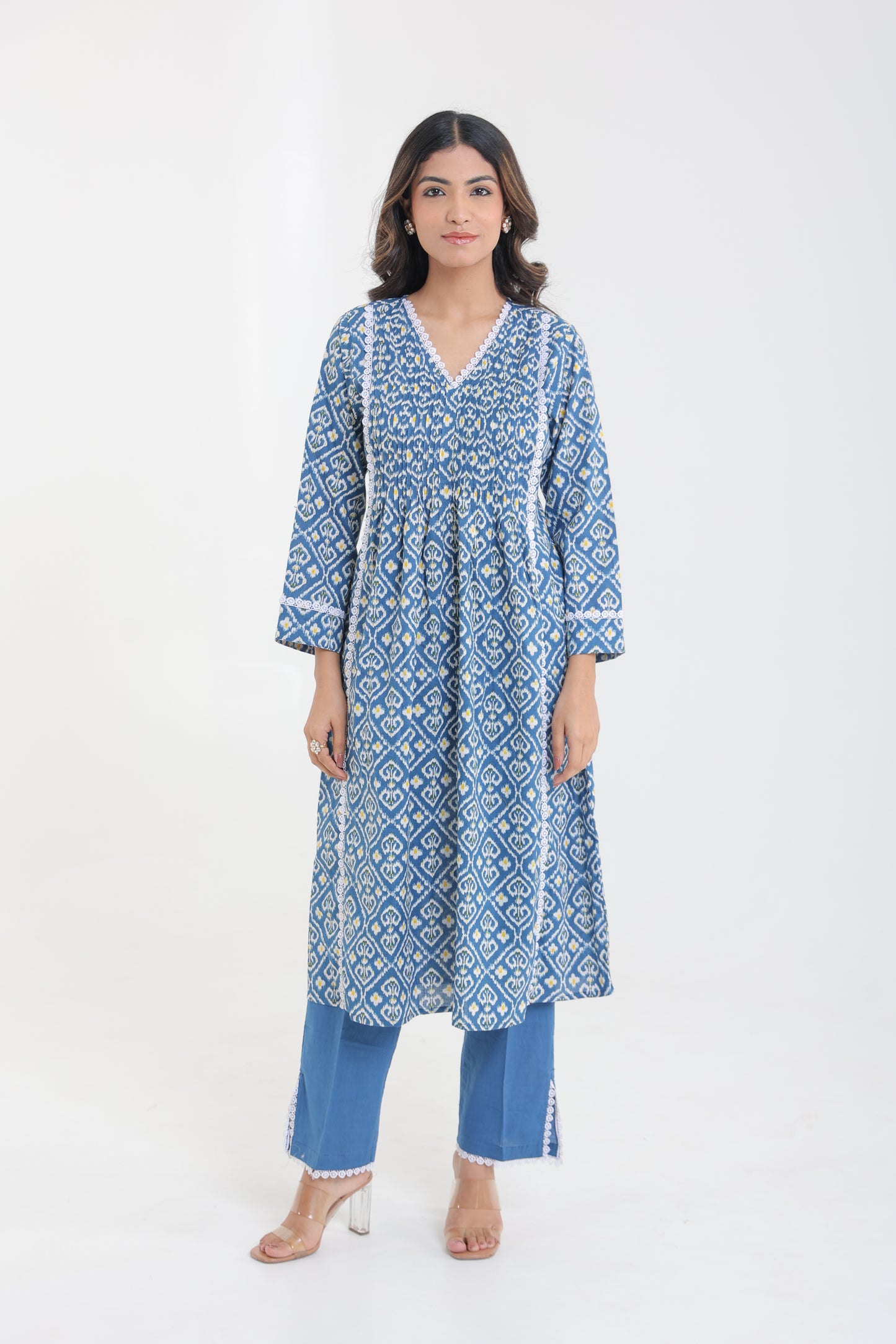 COTTON IKKAT LACE PLEATED KURTA SET IN ROYAL BLUE