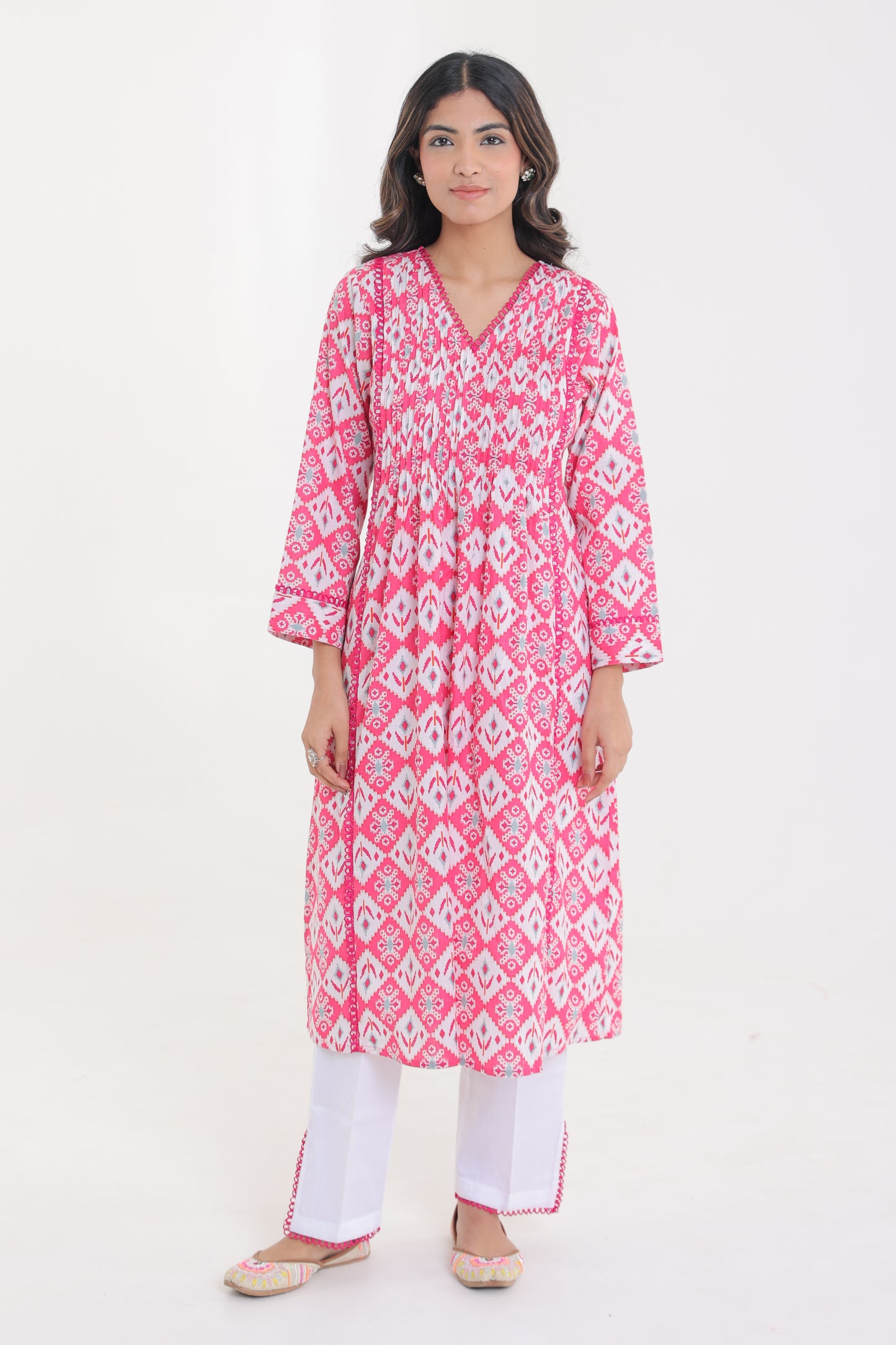 COTTON IKKAT LACE PLEATED KURTA SET IN CANDY PINK