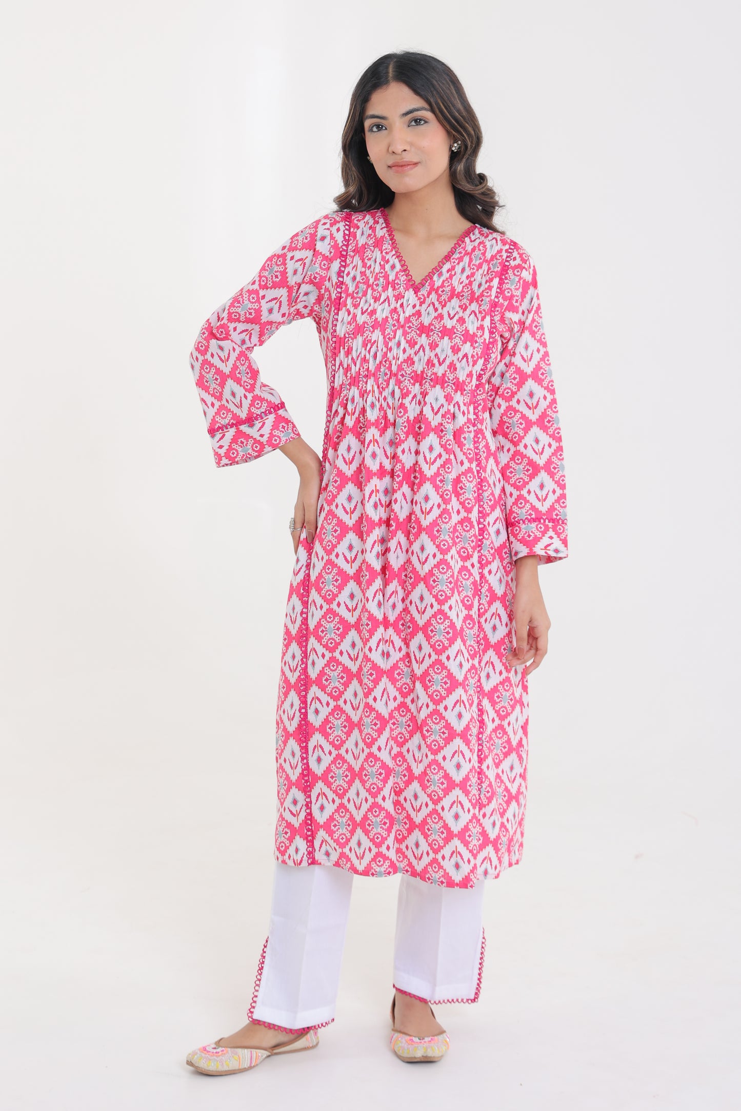 COTTON IKKAT LACE PLEATED KURTA SET IN CANDY PINK