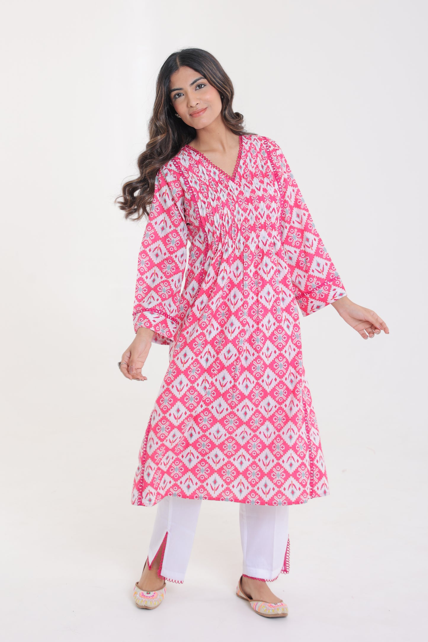 COTTON IKKAT LACE PLEATED KURTA SET IN CANDY PINK