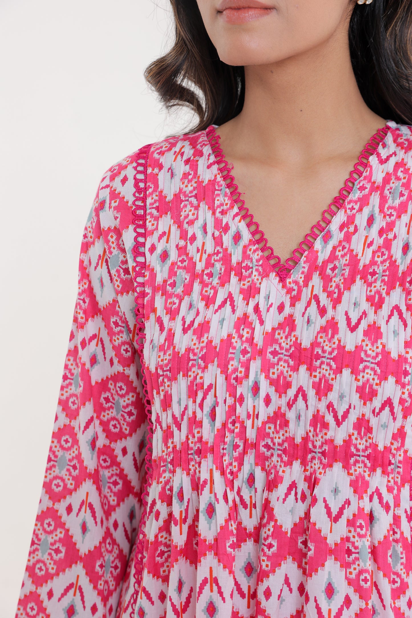 COTTON IKKAT LACE PLEATED KURTA SET IN CANDY PINK