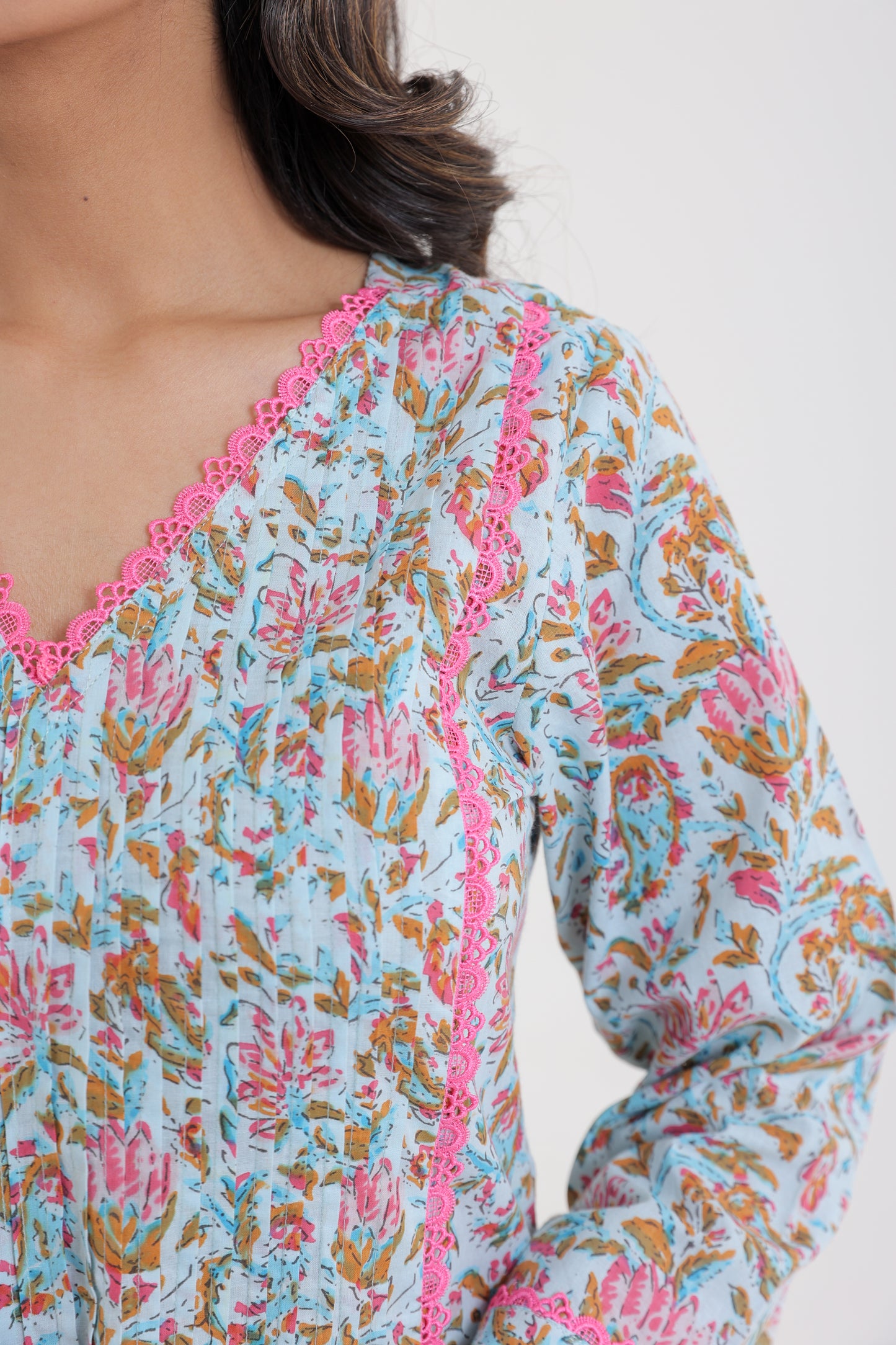 COTTON DITSY FLORAL MOTIFS WITH LACE YOKE KURTA SET IN POWDER BLUE