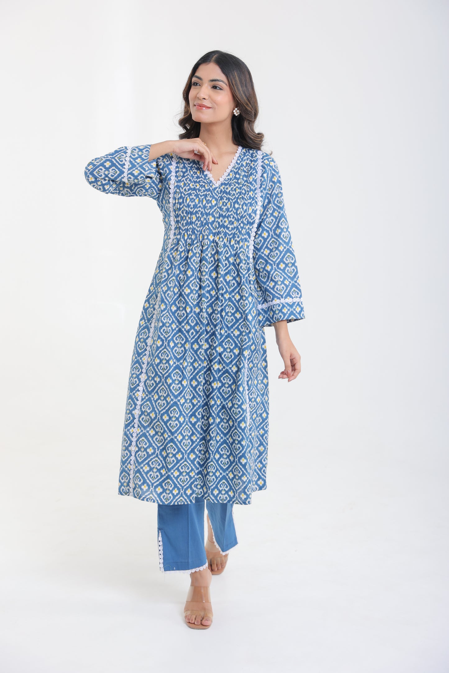 COTTON IKKAT LACE PLEATED KURTA SET IN ROYAL BLUE
