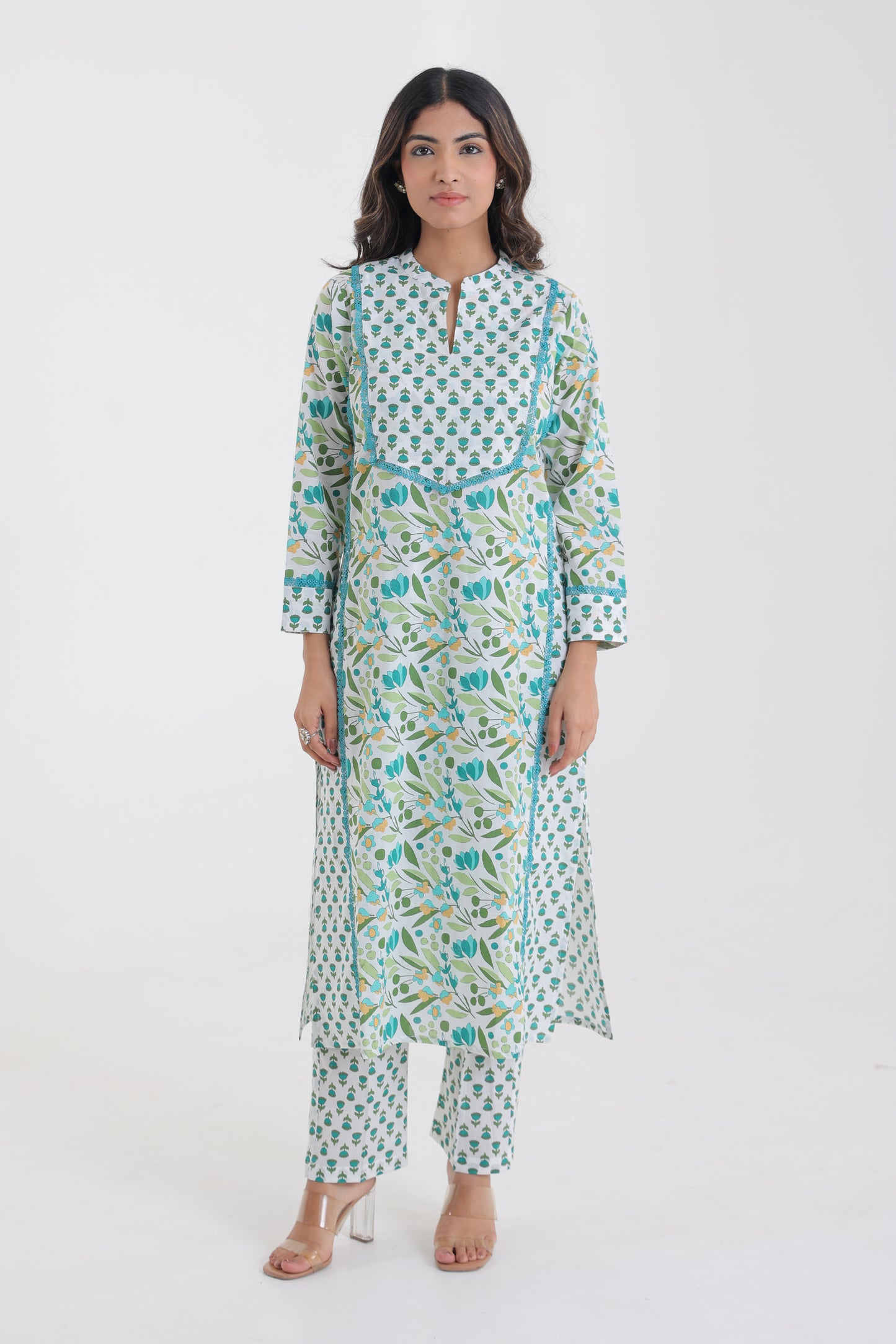 COTTON LEAF FLORAL MOTIFS WITH LACE YOKE KURTA SET IN WHITE AND SEA GREEN