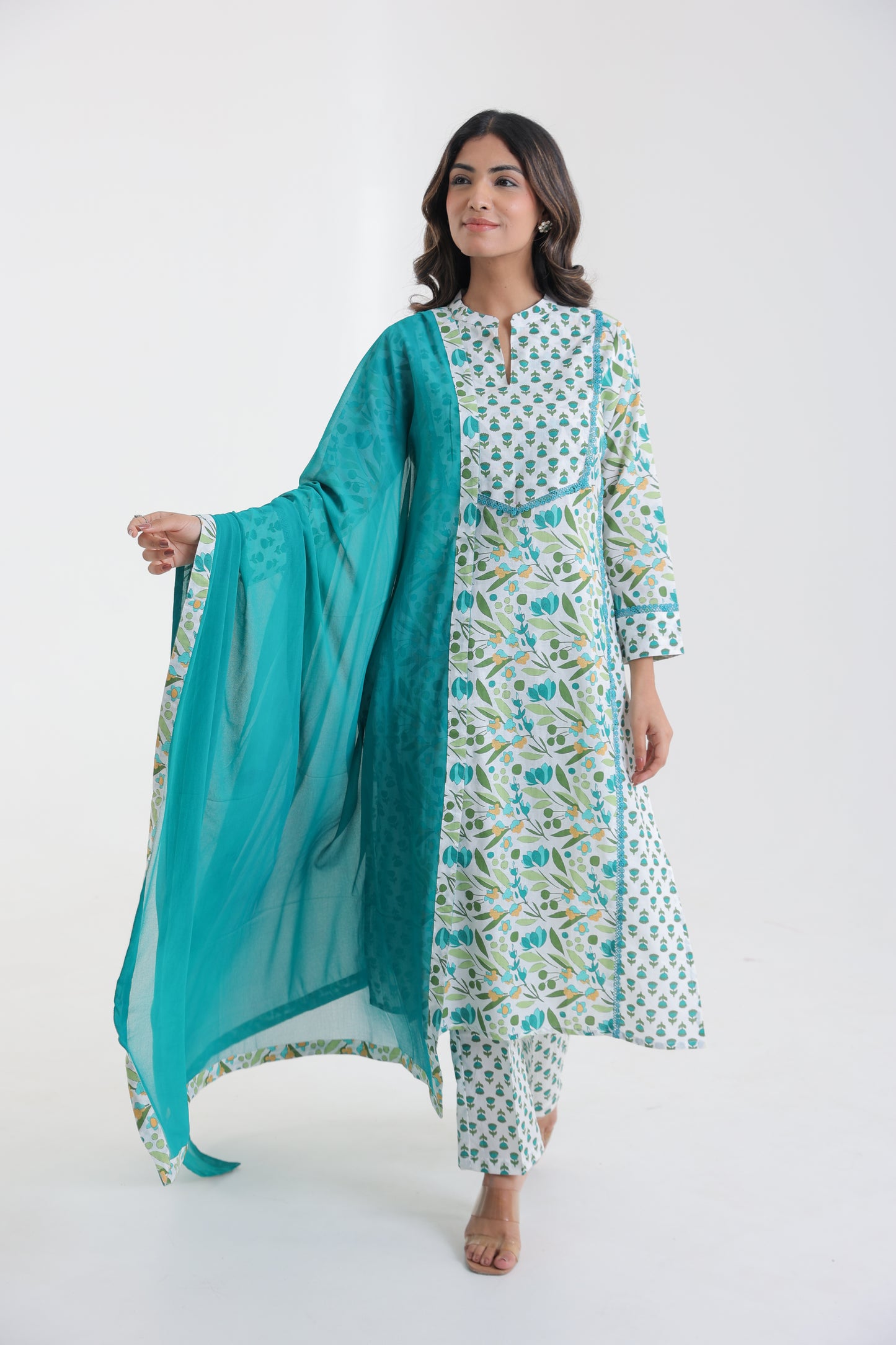 COTTON LEAF FLORAL MOTIFS WITH LACE YOKE KURTA SET IN WHITE AND SEA GREEN