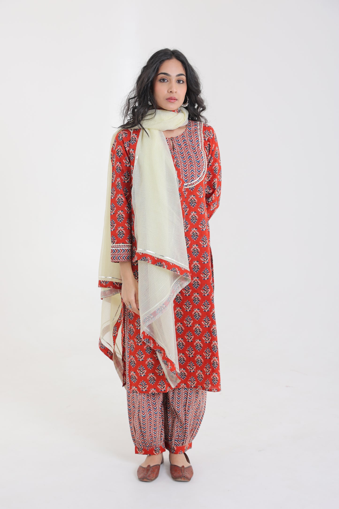 COTTON BUTA FLORAL LACE KURTA SET WITH AFGHANI SALWAR & DUPATTA