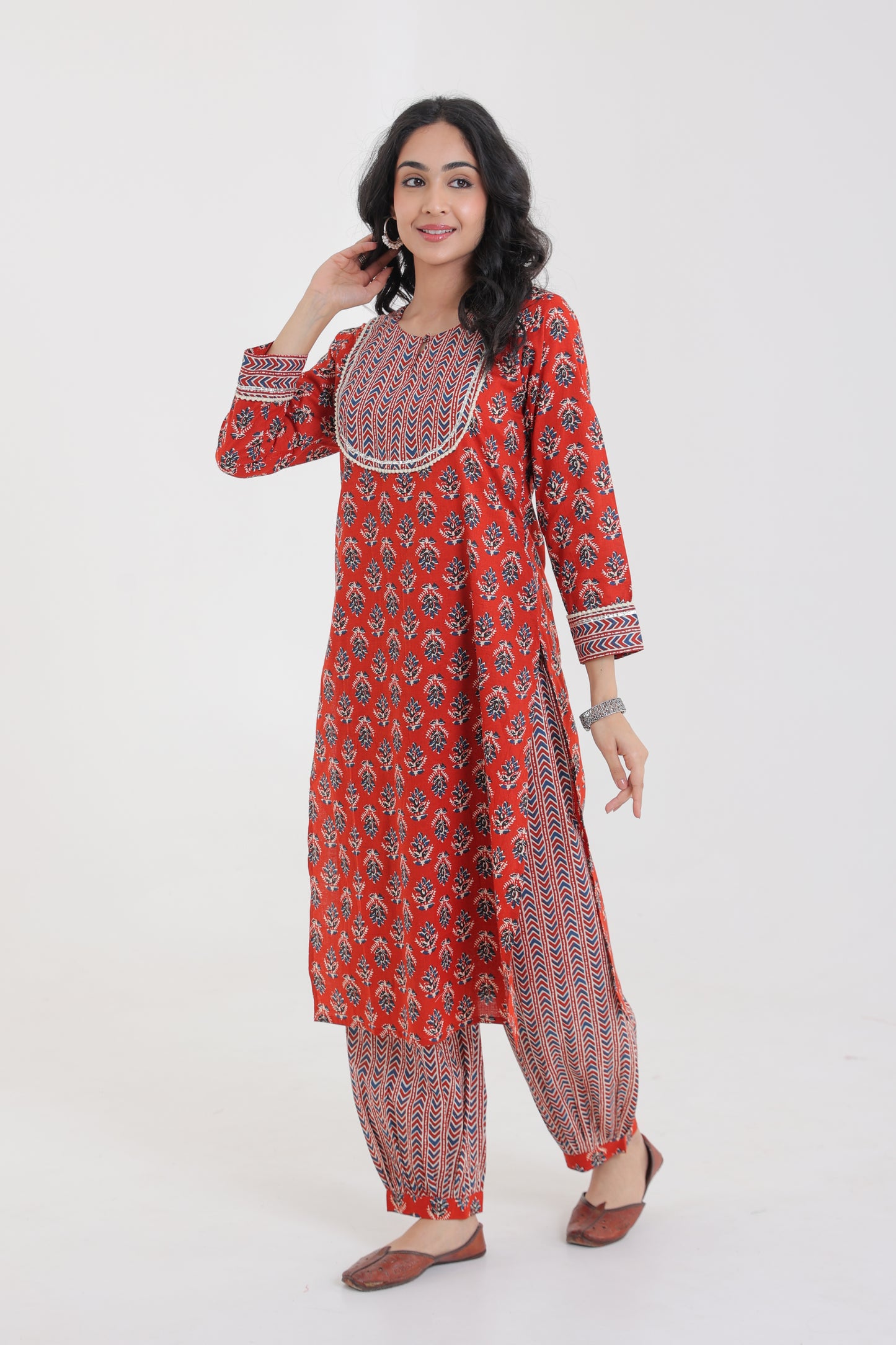 COTTON BUTA FLORAL LACE KURTA SET WITH AFGHANI SALWAR & DUPATTA
