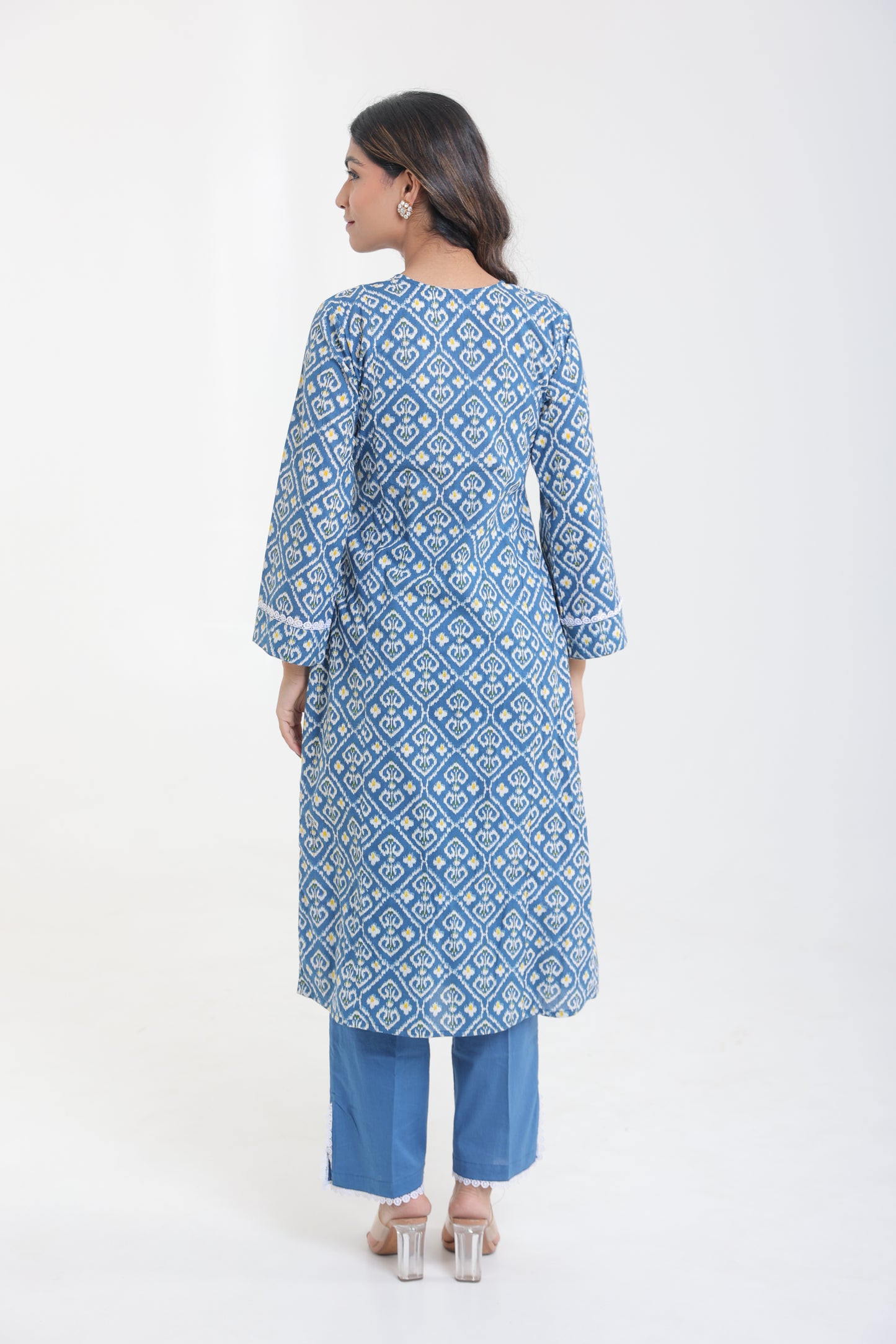 COTTON IKKAT LACE PLEATED KURTA SET IN ROYAL BLUE