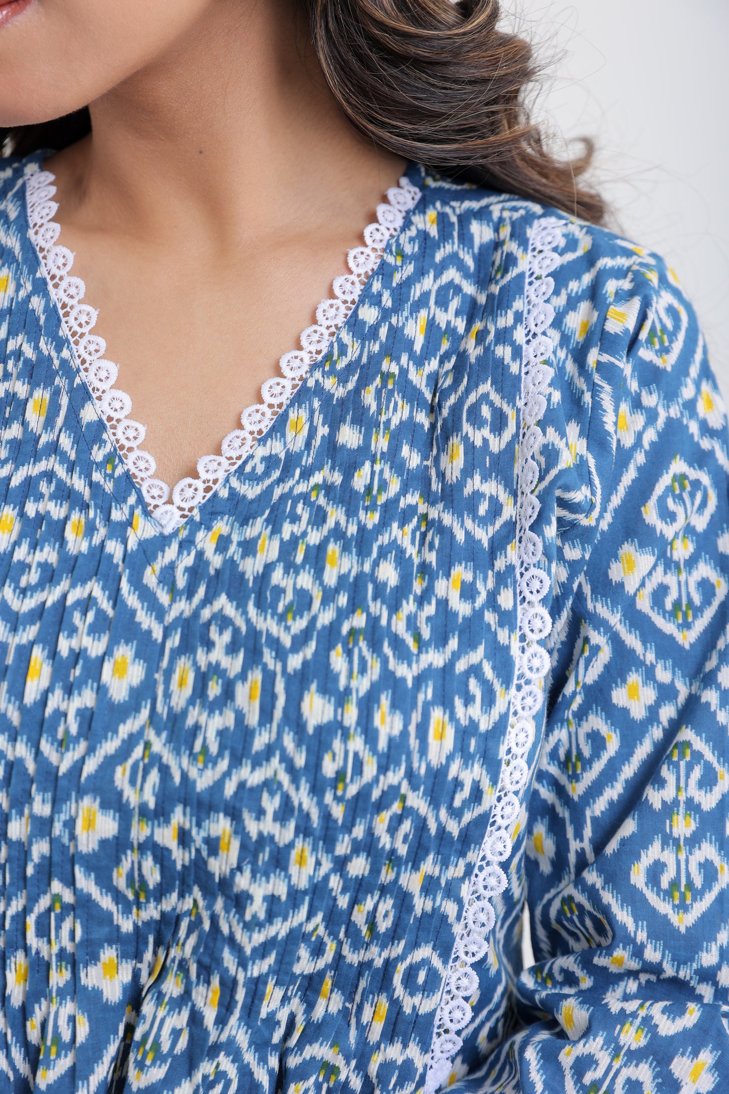 COTTON IKKAT LACE PLEATED KURTA SET IN ROYAL BLUE