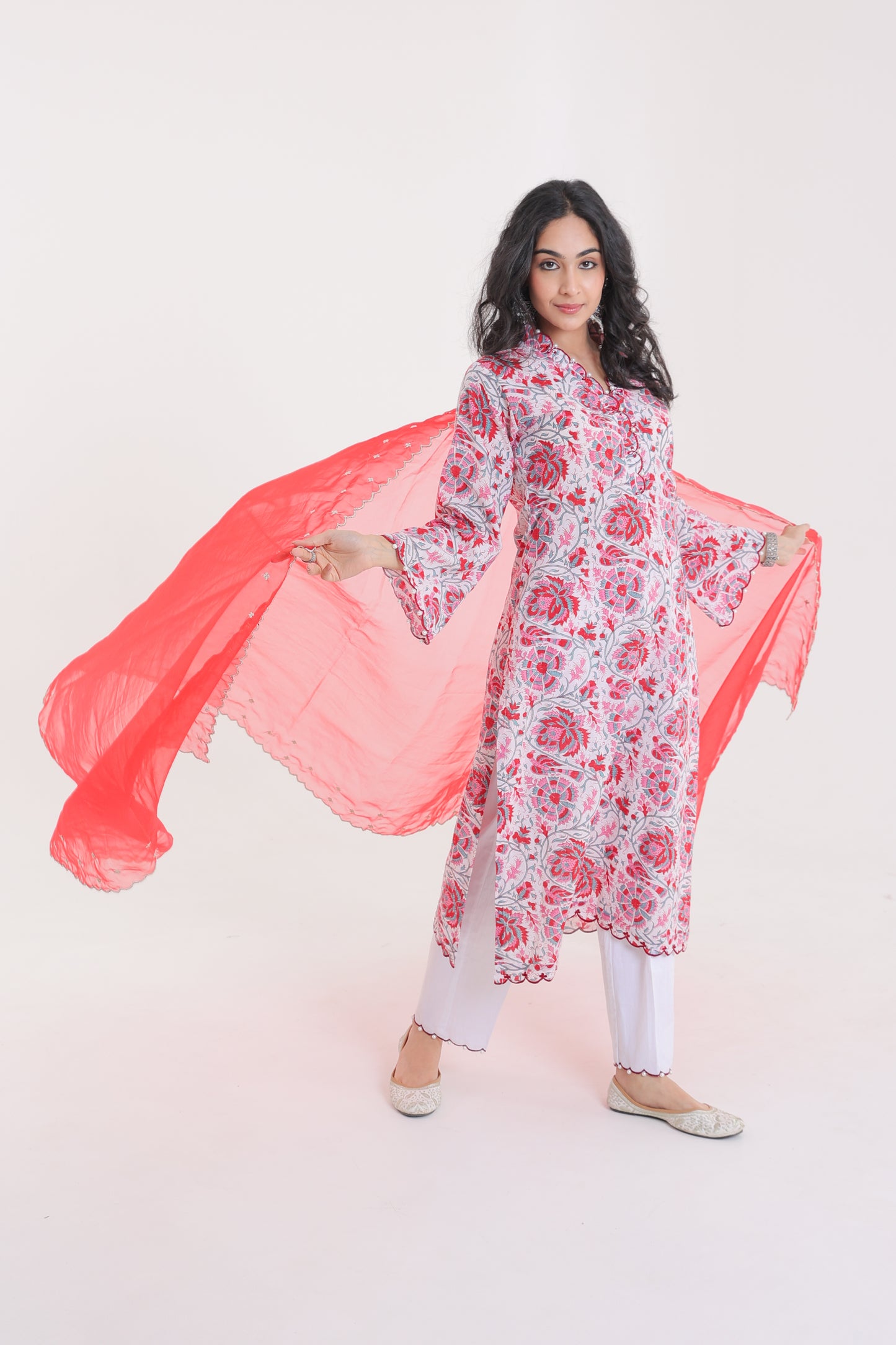 HAND BLOCK PRINTED EMBROIDERED AND TROUSERS WITH SCALLOP BORDER AND PEARLS KURTA SET IN RED - PINK