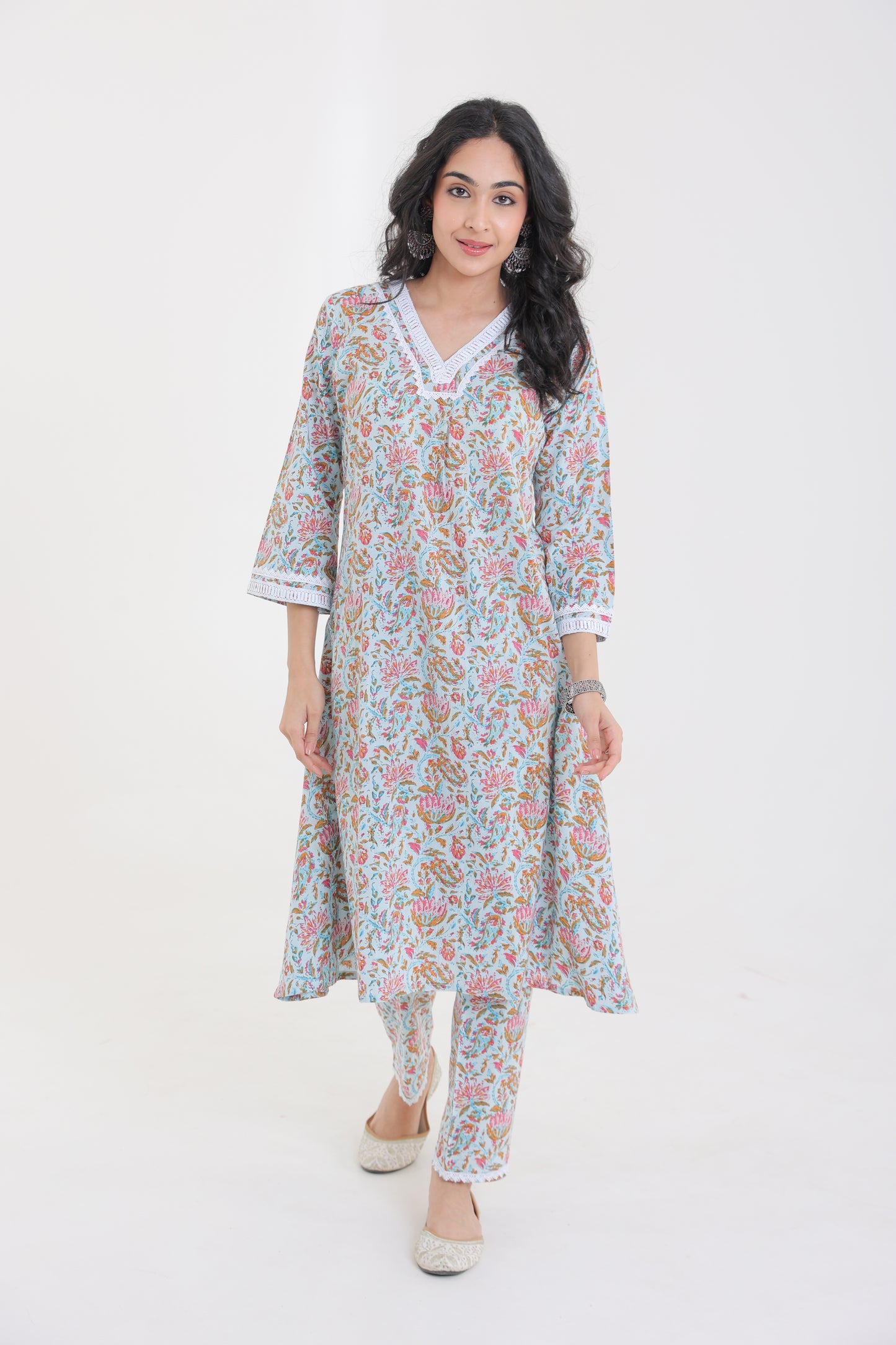 V-NECK COTTON DITSY FLORAL MOTIFS WITH LACE KURTA SET IN POWDER BLUE