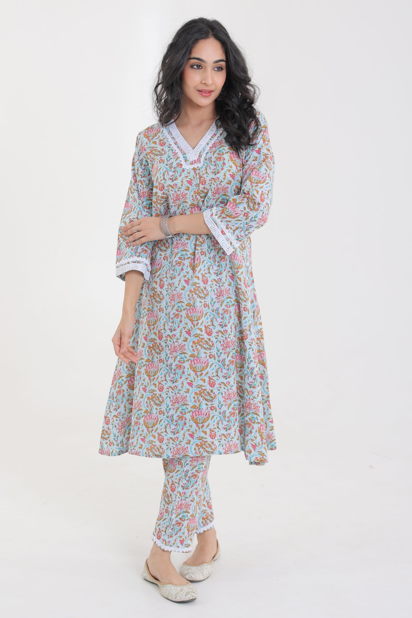 V-NECK COTTON DITSY FLORAL MOTIFS WITH LACE KURTA SET IN POWDER BLUE