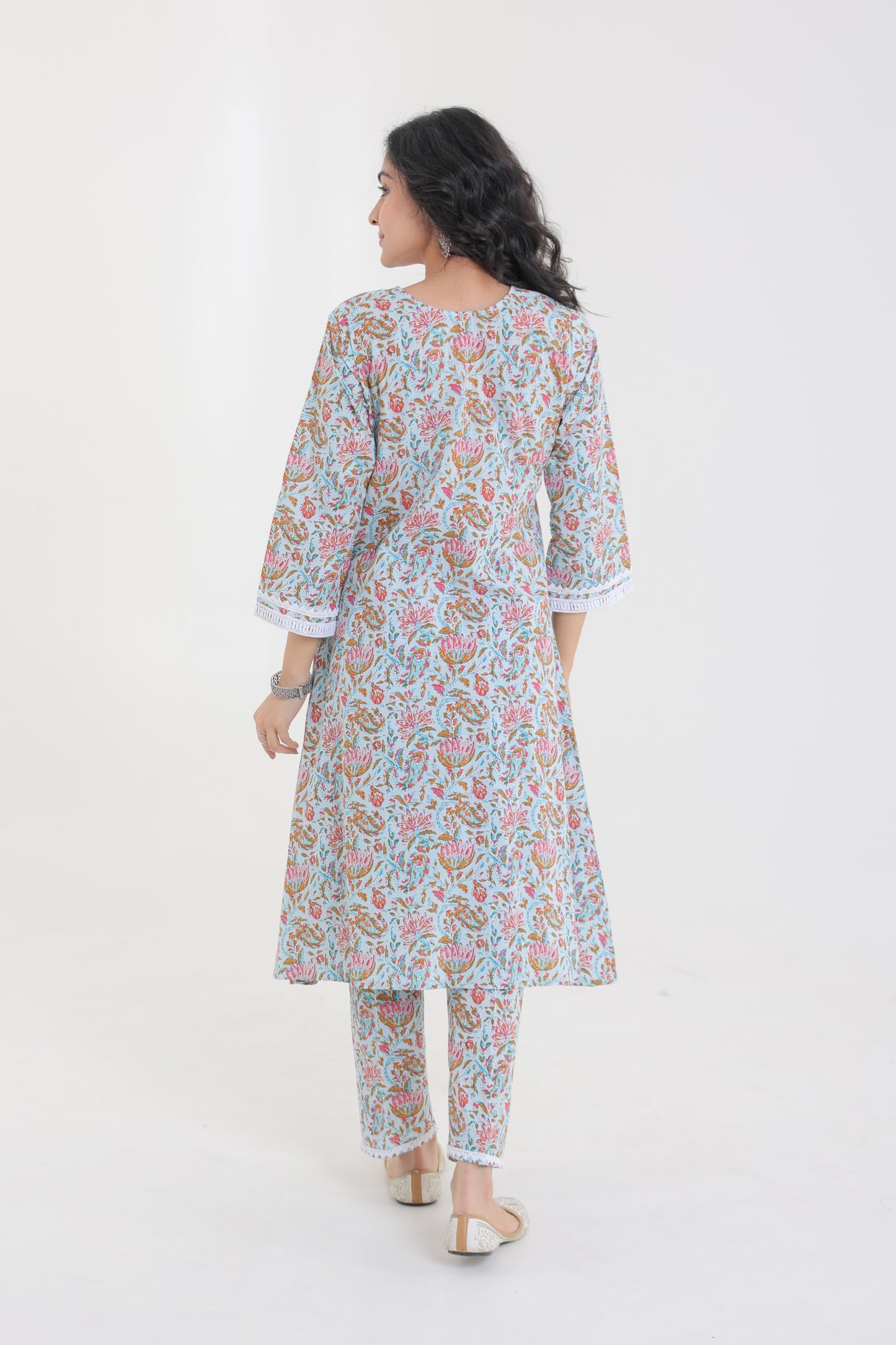 V-NECK COTTON DITSY FLORAL MOTIFS WITH LACE KURTA SET IN POWDER BLUE