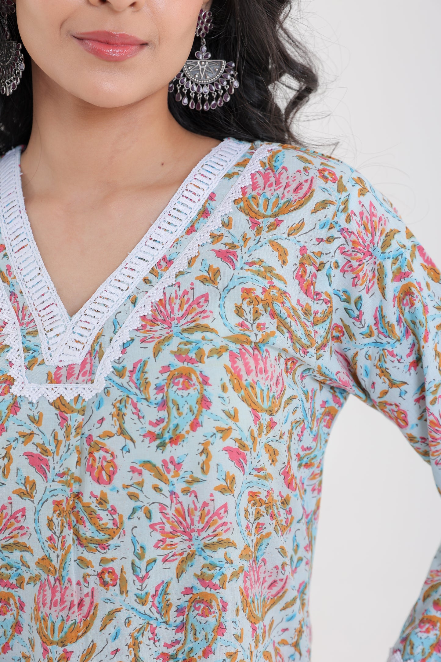 V-NECK COTTON DITSY FLORAL MOTIFS WITH LACE KURTA SET IN POWDER BLUE