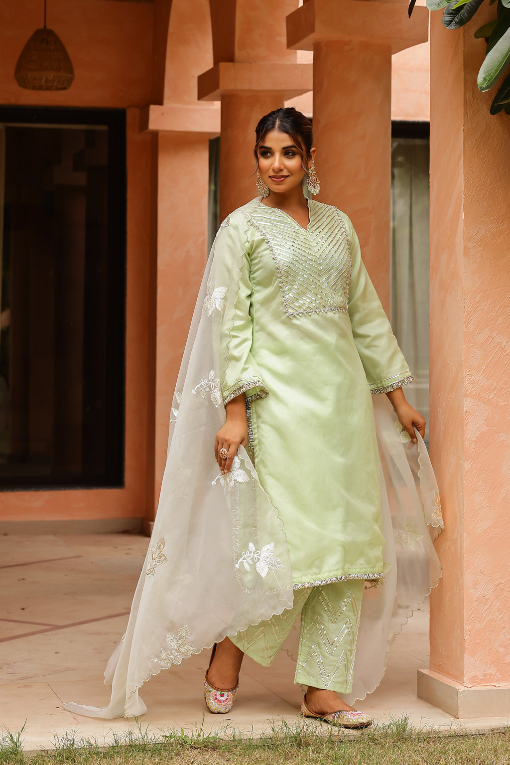 Fresh Mint Radiance Organza Kurta Set with Intricate Gota Embroidered Dupatta
