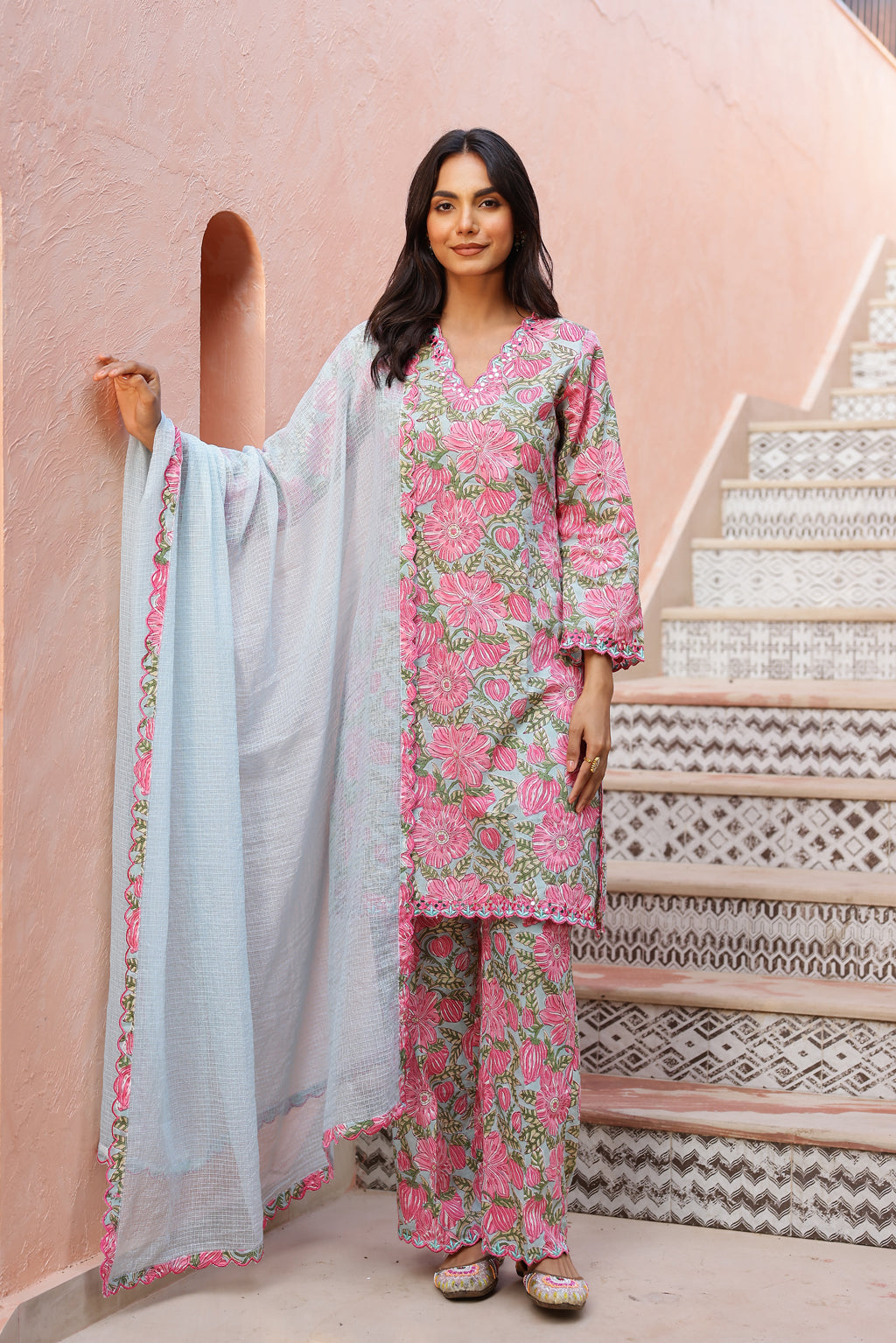 Powder Blue & Rose Glow Cotton Handblock Embroidered Kurta Set with Dupatta