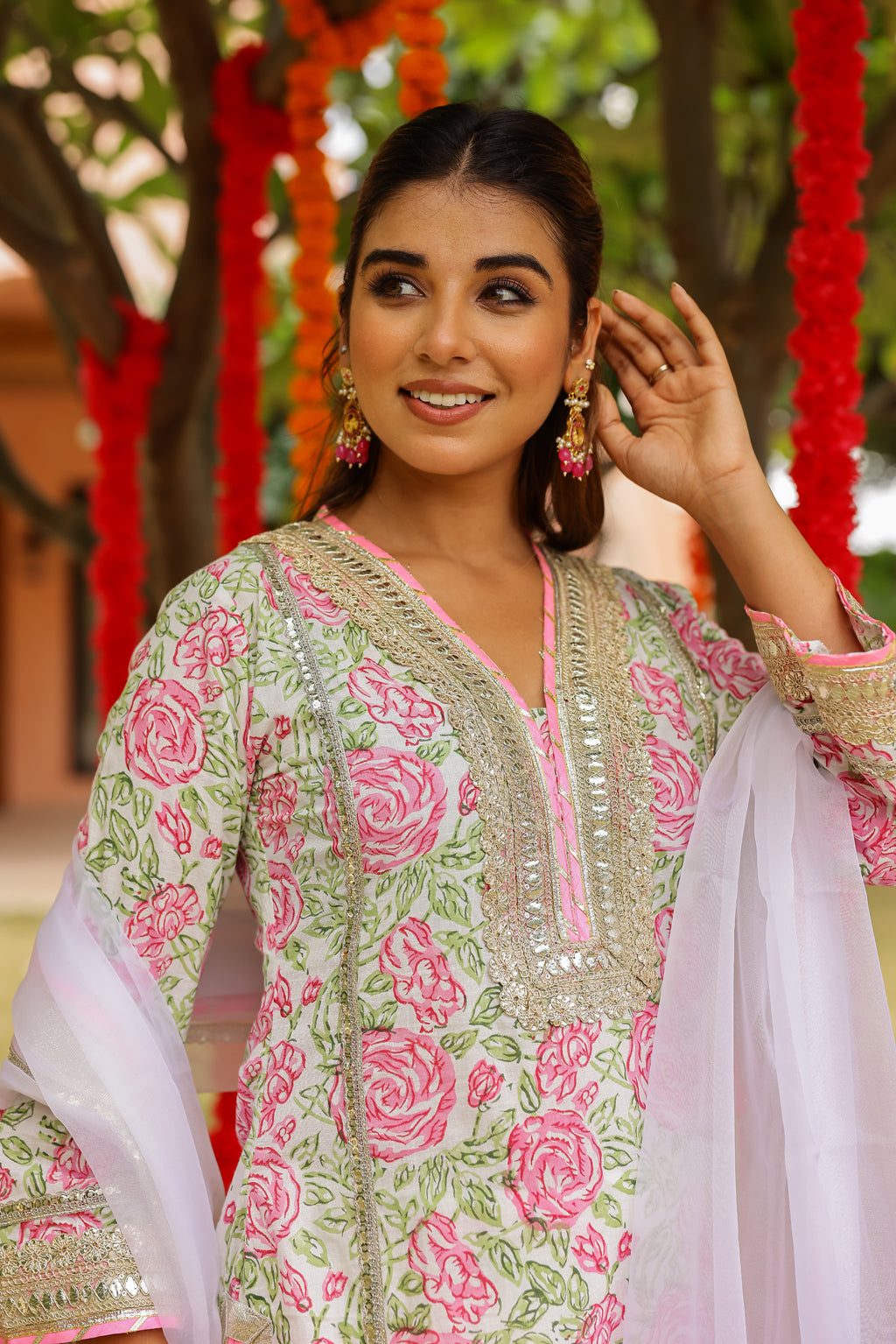 Blush Floral Elegance Gota Handblock Cotton Suit Set with Dupatta