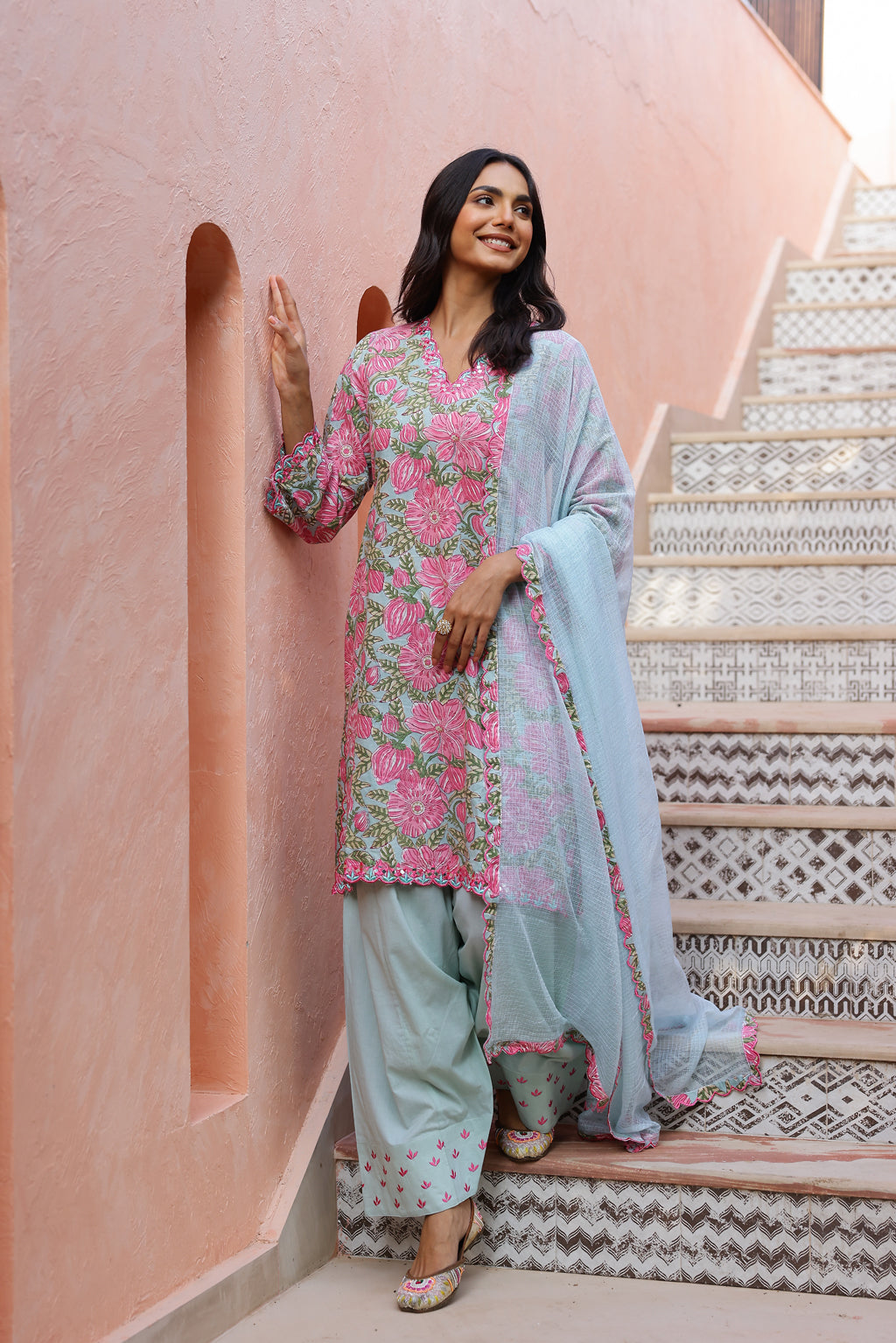 Powder Blue & Rose Glow Cotton Handblock Embroidered Kurta Set with Dupatta