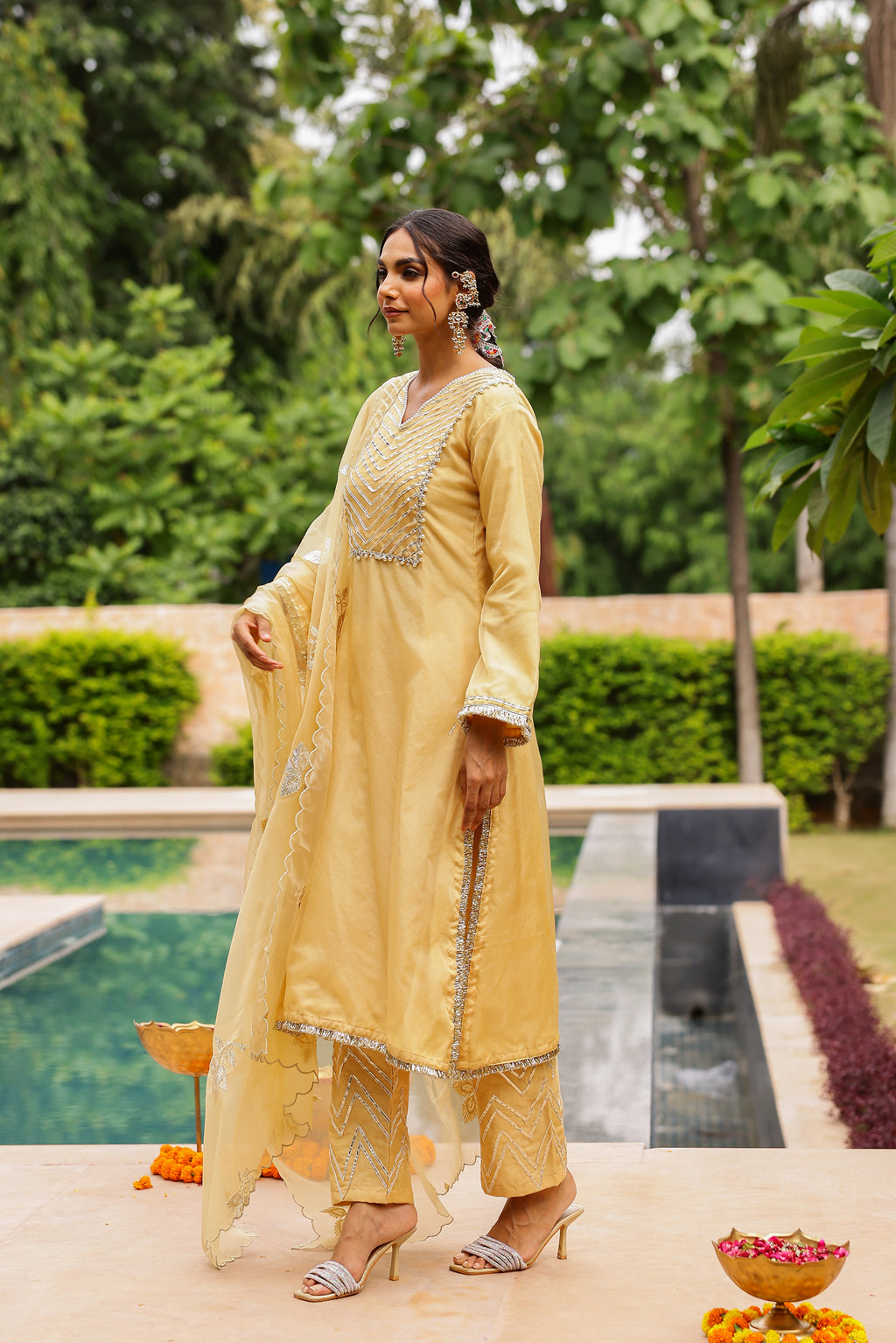 Beige Golden Organza Kurta Set with Intricate Gota Embroidered Dupatta