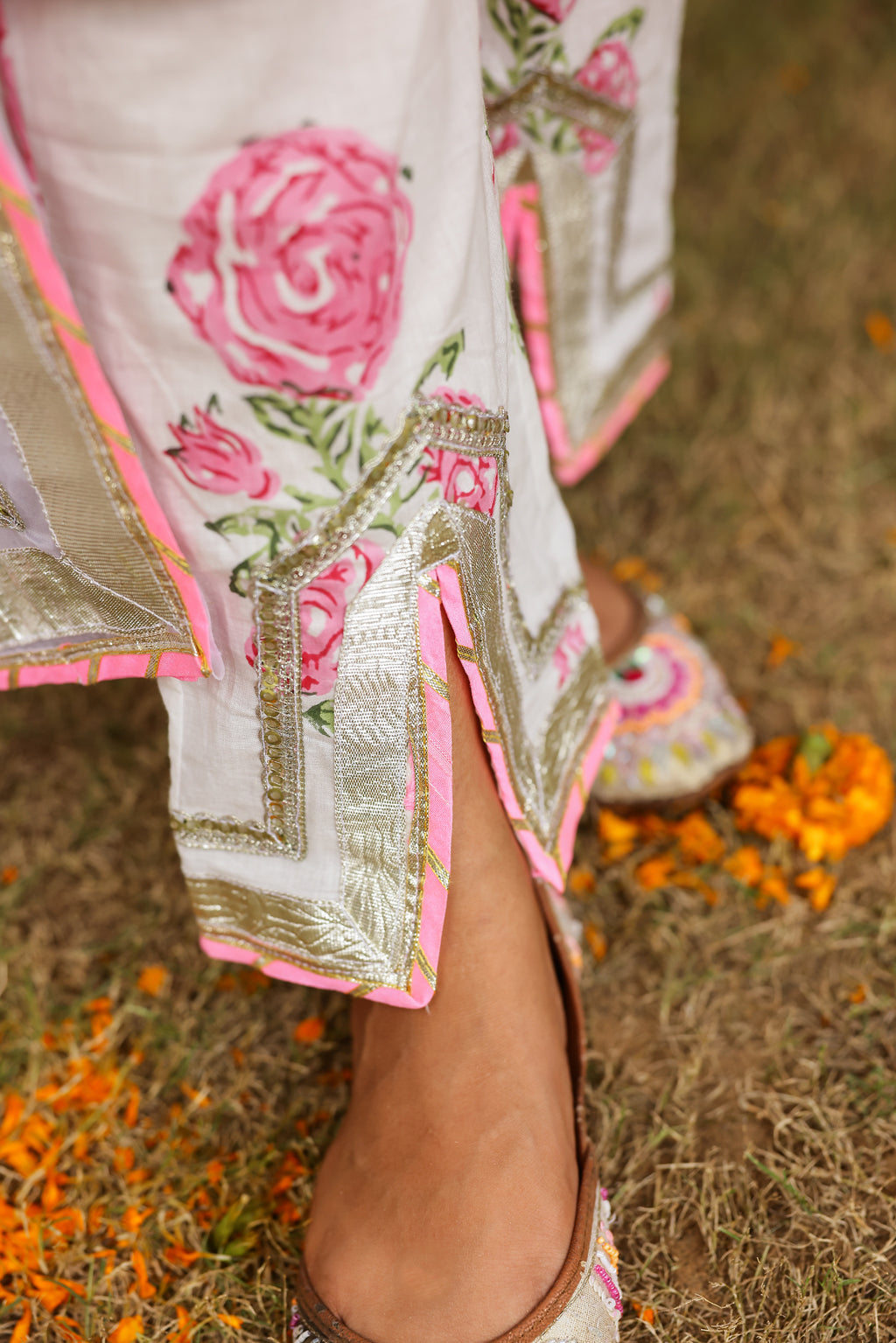 Blush Floral Elegance Gota Handblock Cotton Suit Set with Dupatta