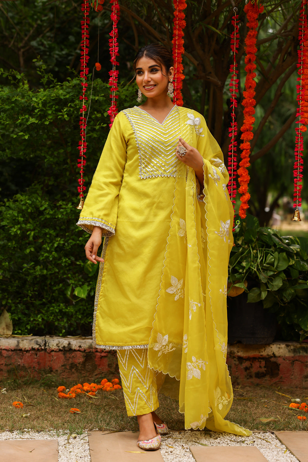 Golden Lime Organza Kurta Set with Intricate Gota Embroidered Dupatta