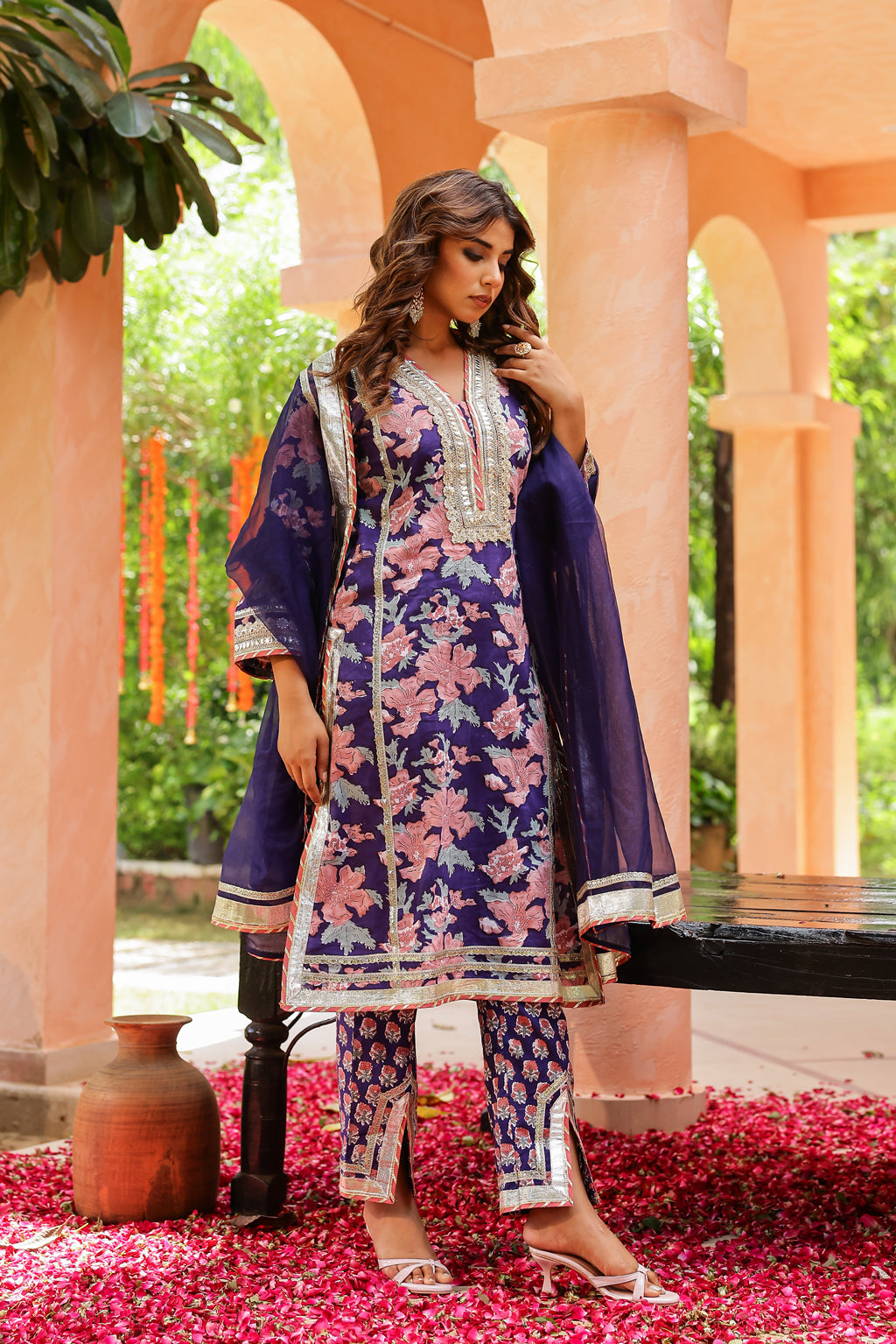 Indigo Radiance Festive Gota Handblock Cotton Suit Set with Dupatta