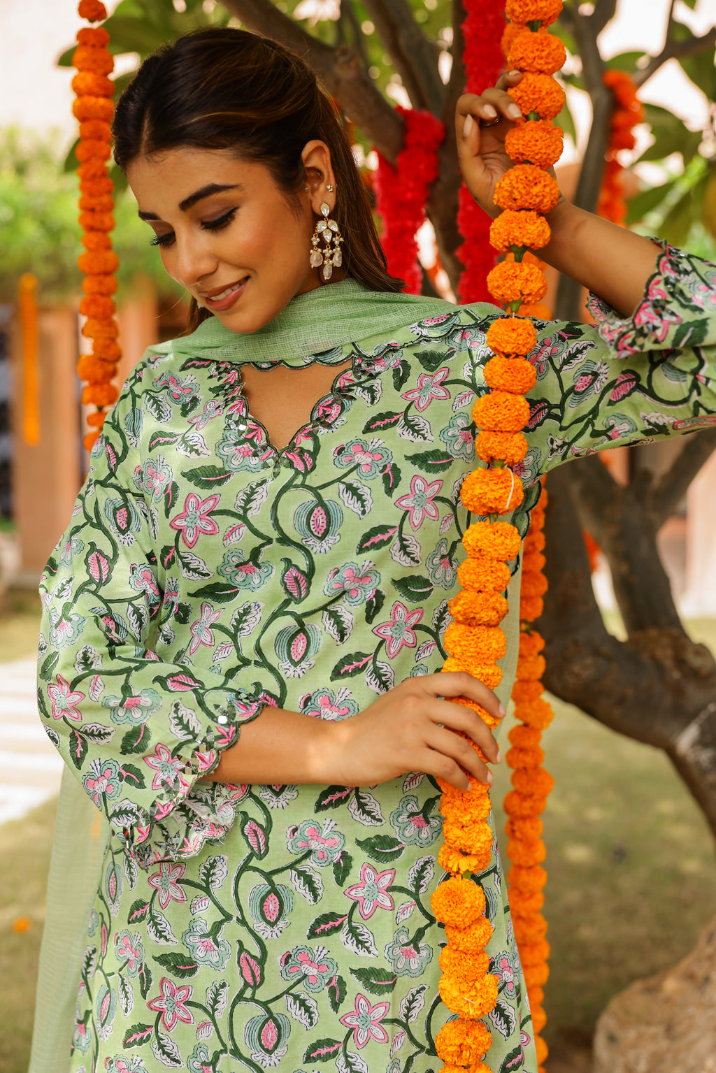 Mint Green Cotton Handblock Embroidered Kurta Set with Dupatta