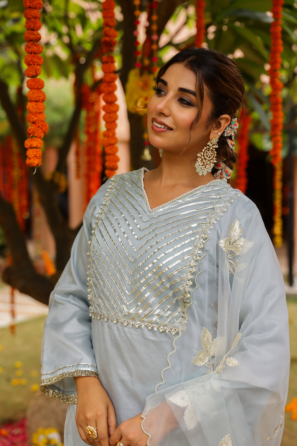 Powder Blue Organza Kurta Set with Intricate Gota Embroidered Dupatta
