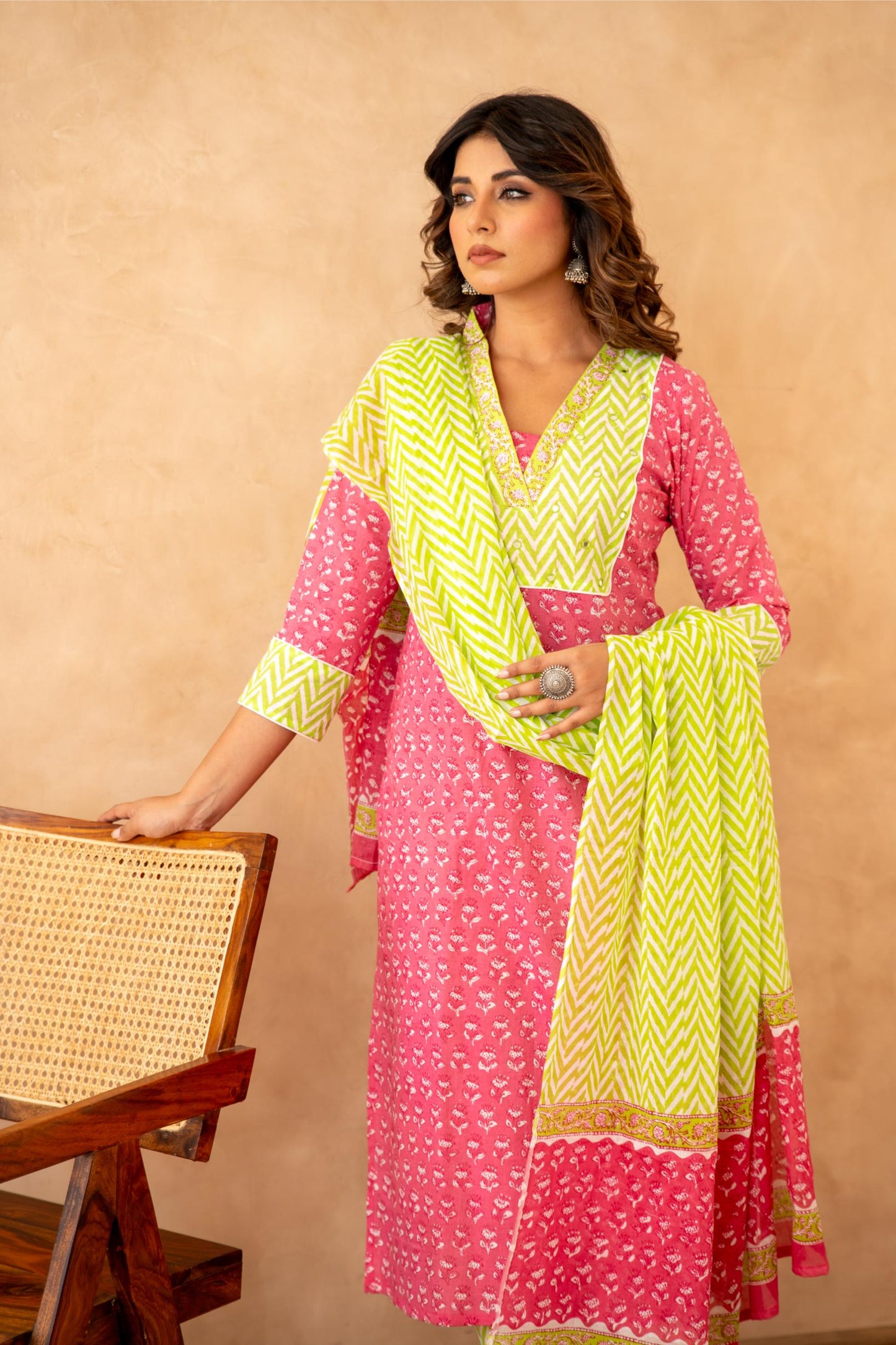 Rani Pink Handblock Lehariya Cotton Suit Set with Mul Cotton Dupatta