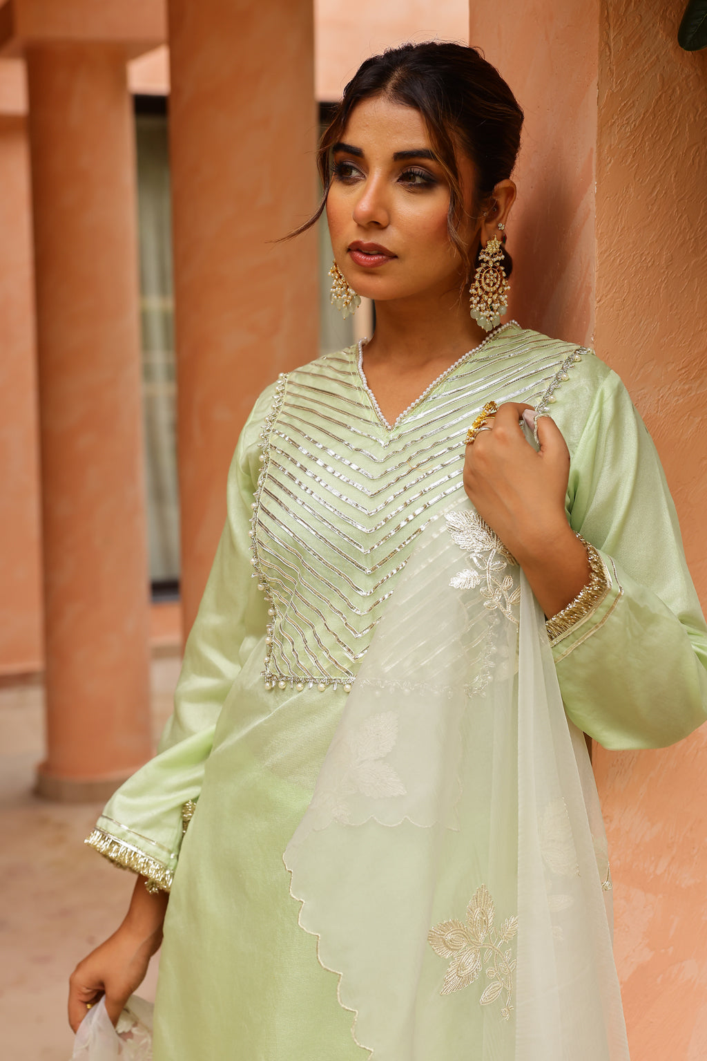 Fresh Mint Radiance Organza Kurta Set with Intricate Gota Embroidered Dupatta