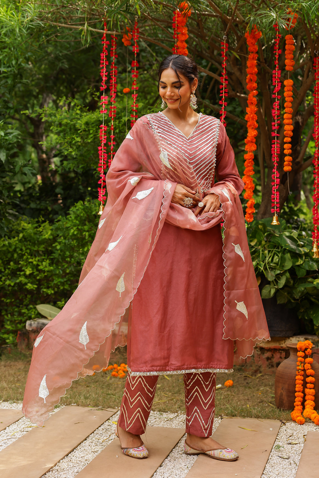 Mulberry Blush Organza Kurta Set with Intricate Gota Embroidered Dupatta